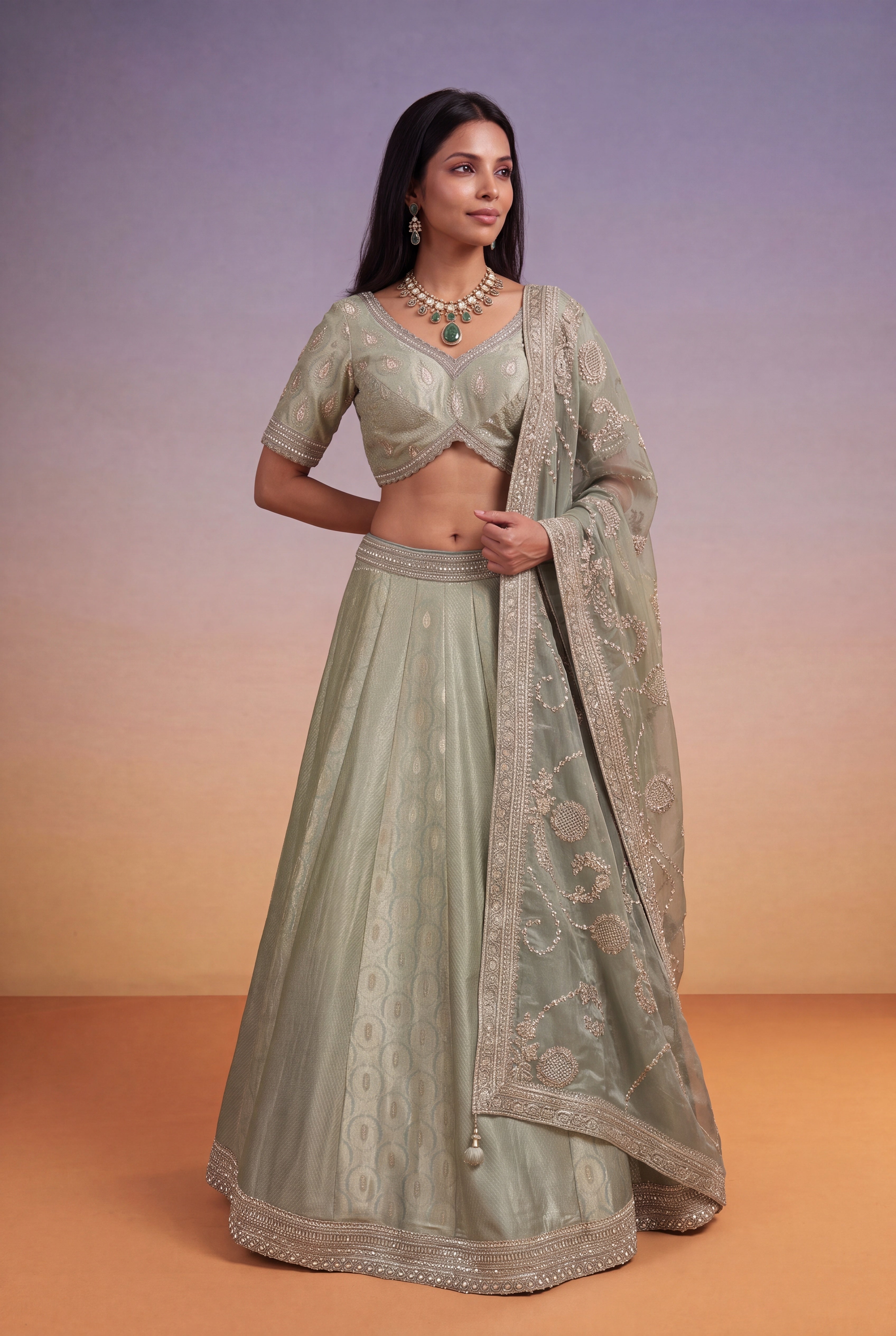 Sage Green Banarasi Silk Lehenga with Kutdana & Pearl Embroidery