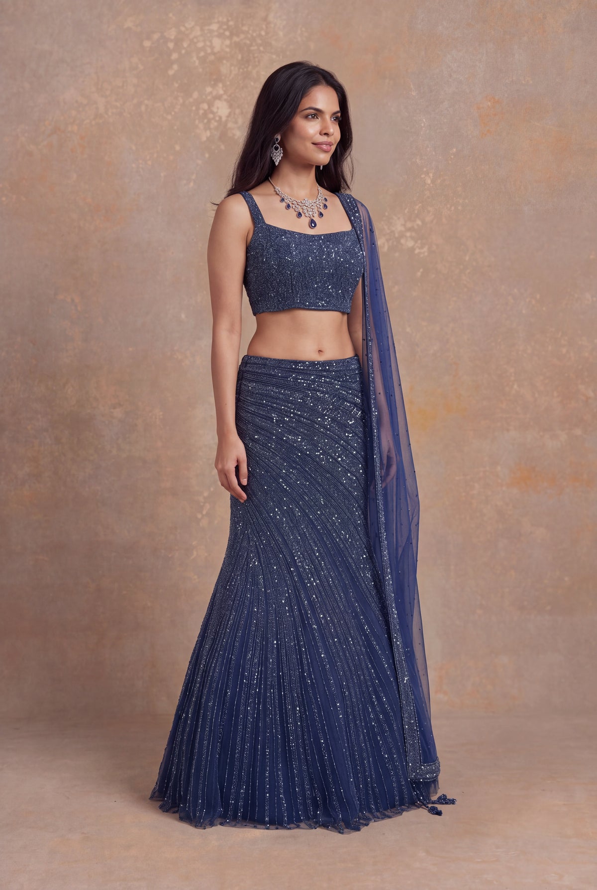 Navy Blue Fish Cut Net Lehenga