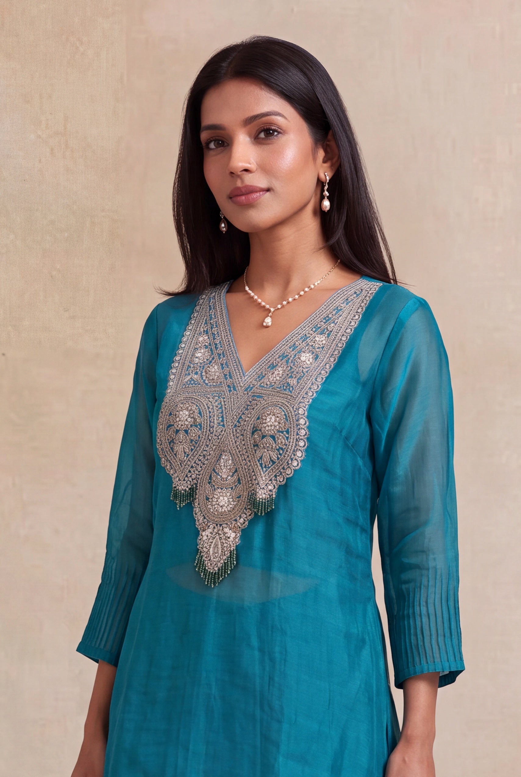 Teal Blue Organza Indo-Western Co-Ord Set