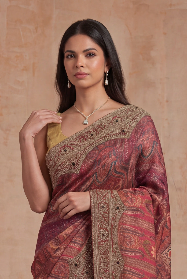 Maroon Satin Silk Saree