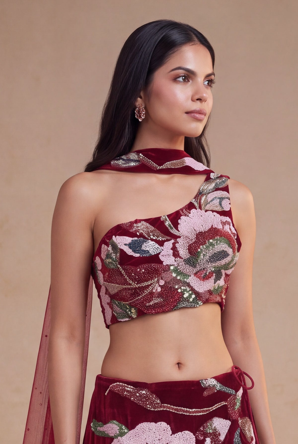 Cherry Red Velvet Lehenga Set with Cutdana and Pearl Embroidery
