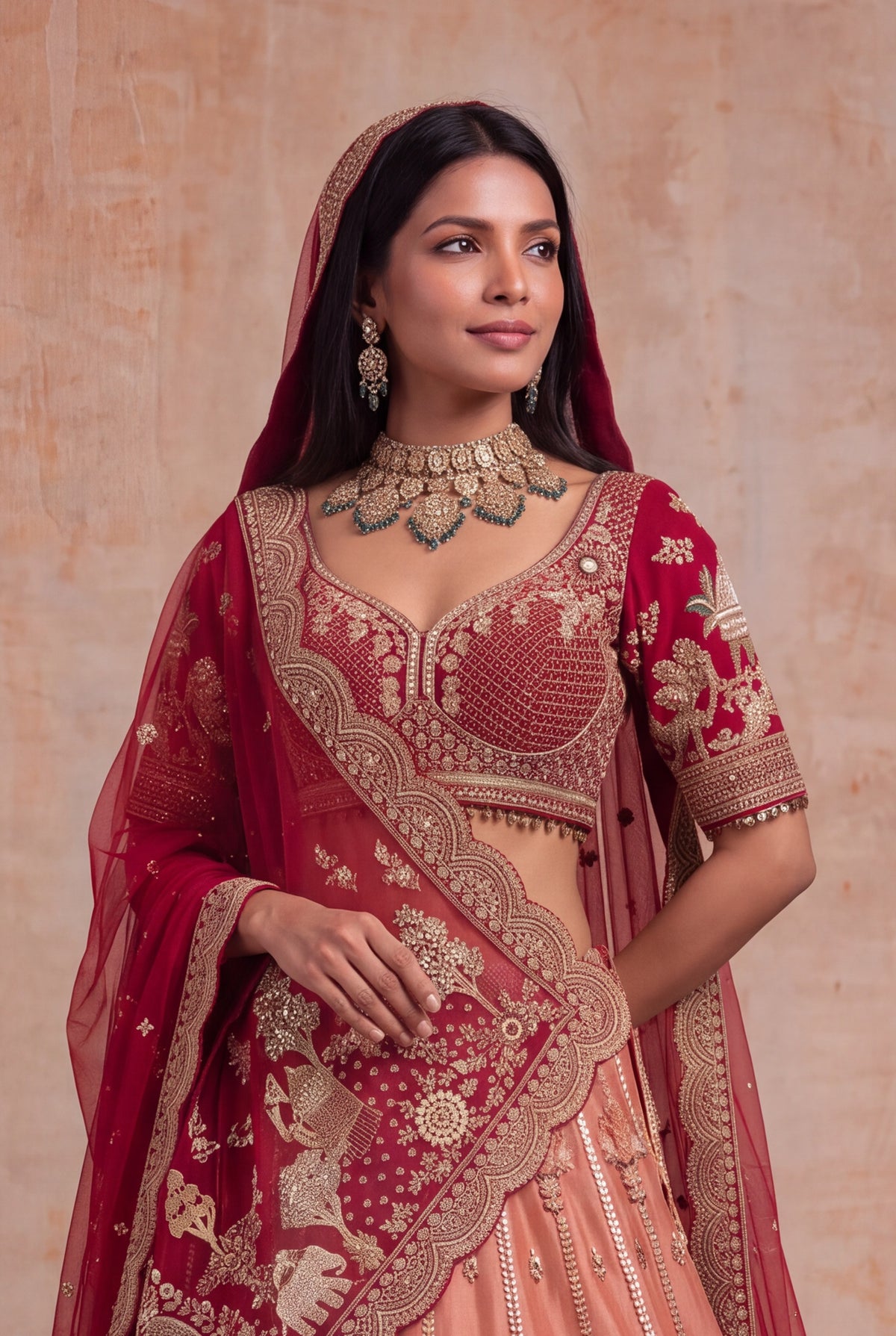 Peach & Deep Red Tissue Bridal Lehenga
