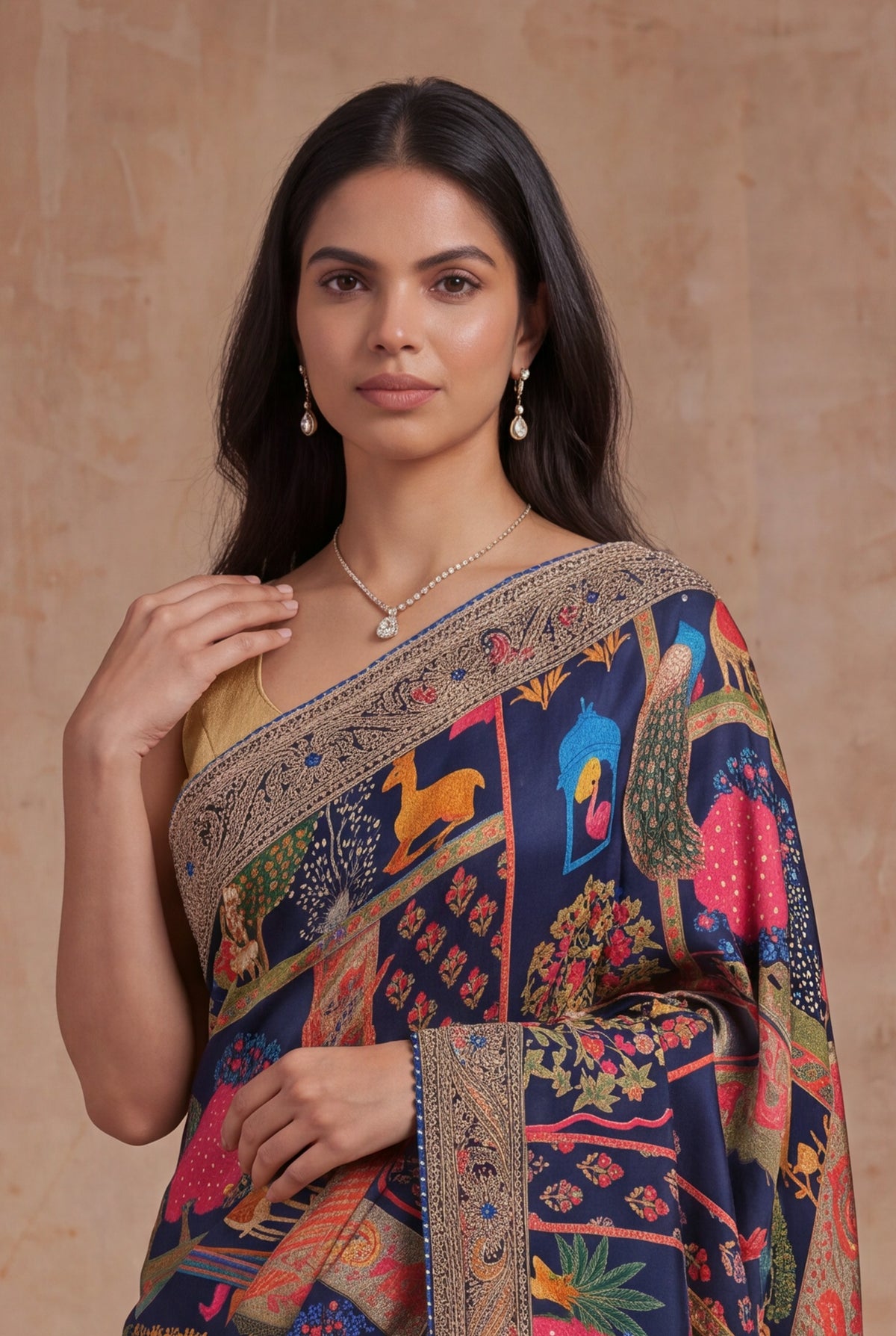 Navy Blue Digital Print Satin Saree