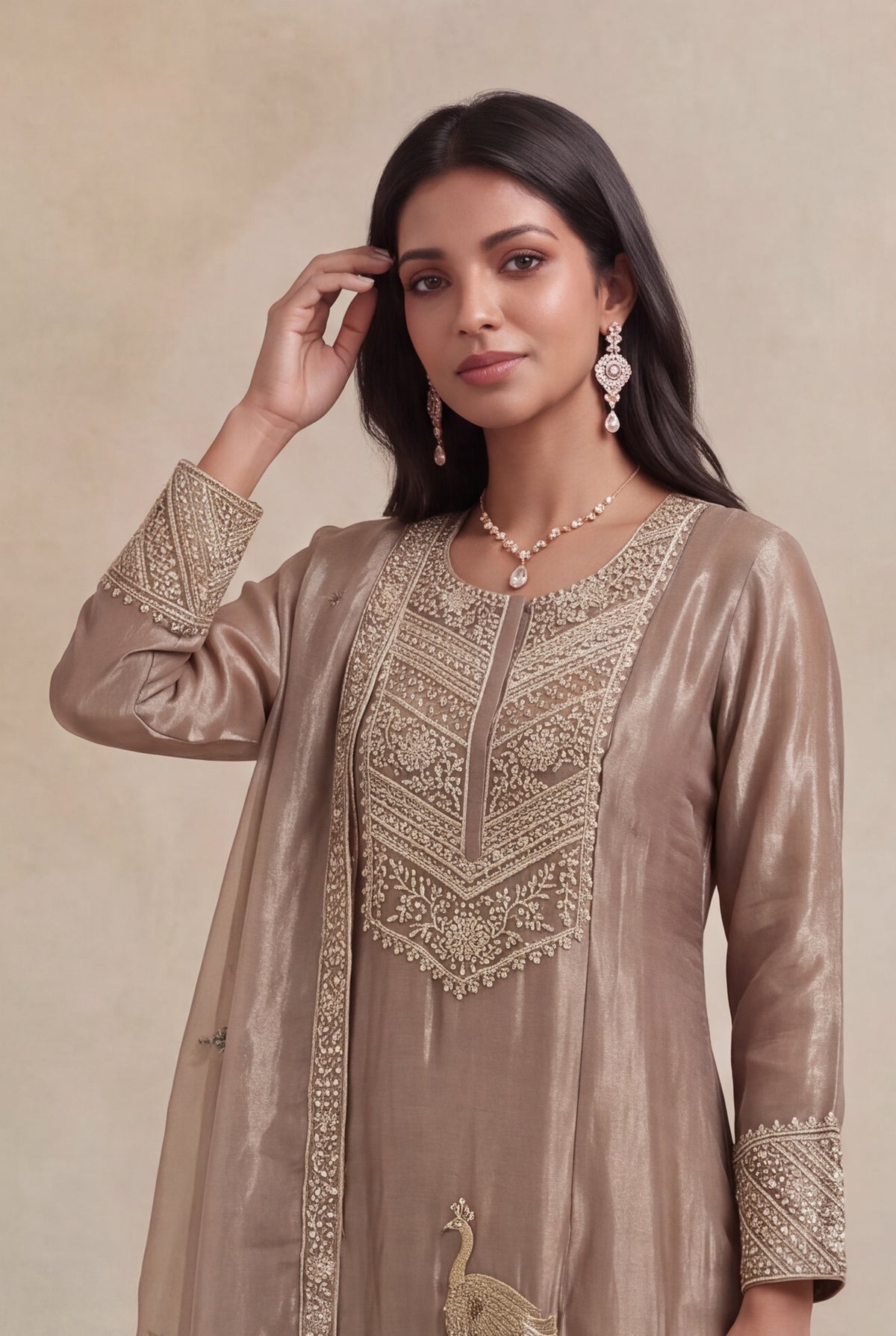 Mocha Taupe Pure Tissue Silk Indo Western Kurta Set with Zardozi Embroidery