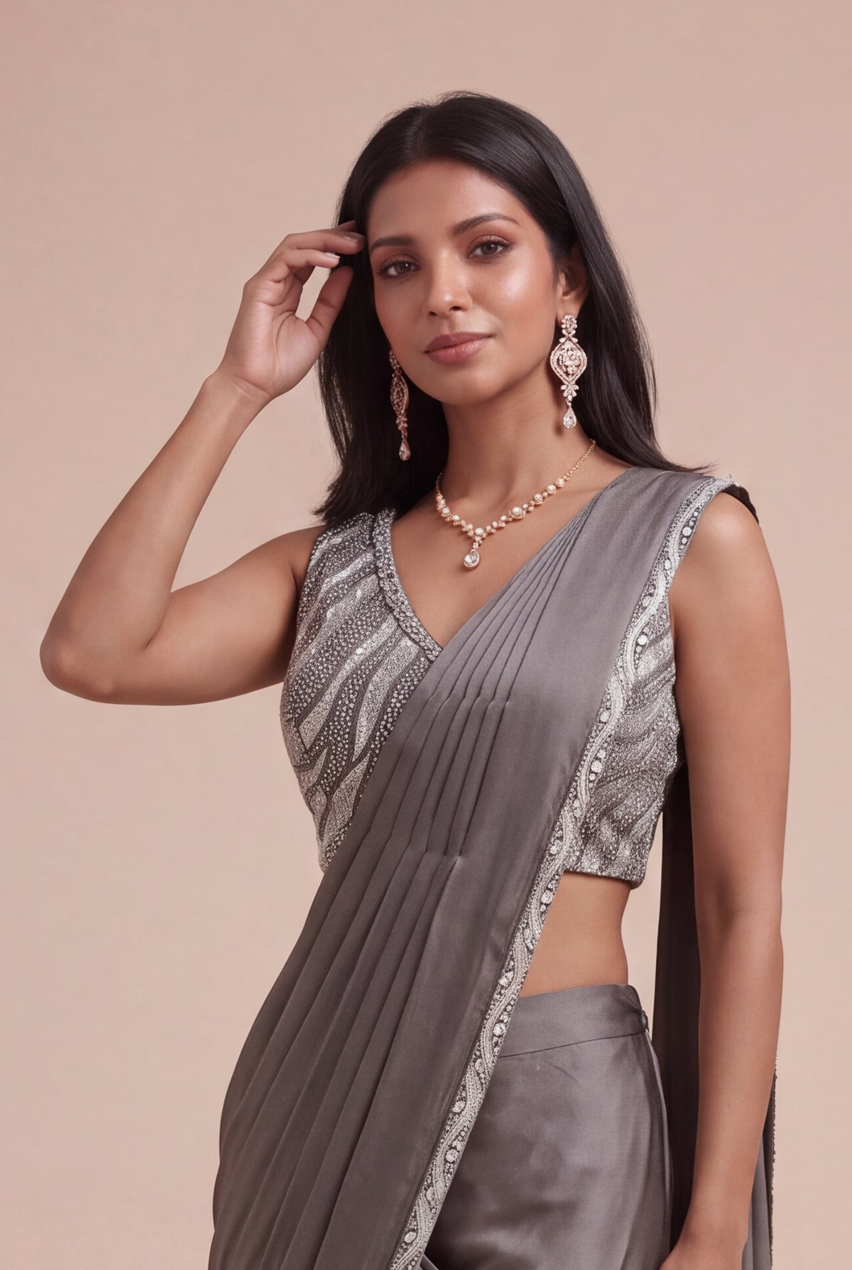 Charcoal Grey Satin Silk Pre-Draped Saree
