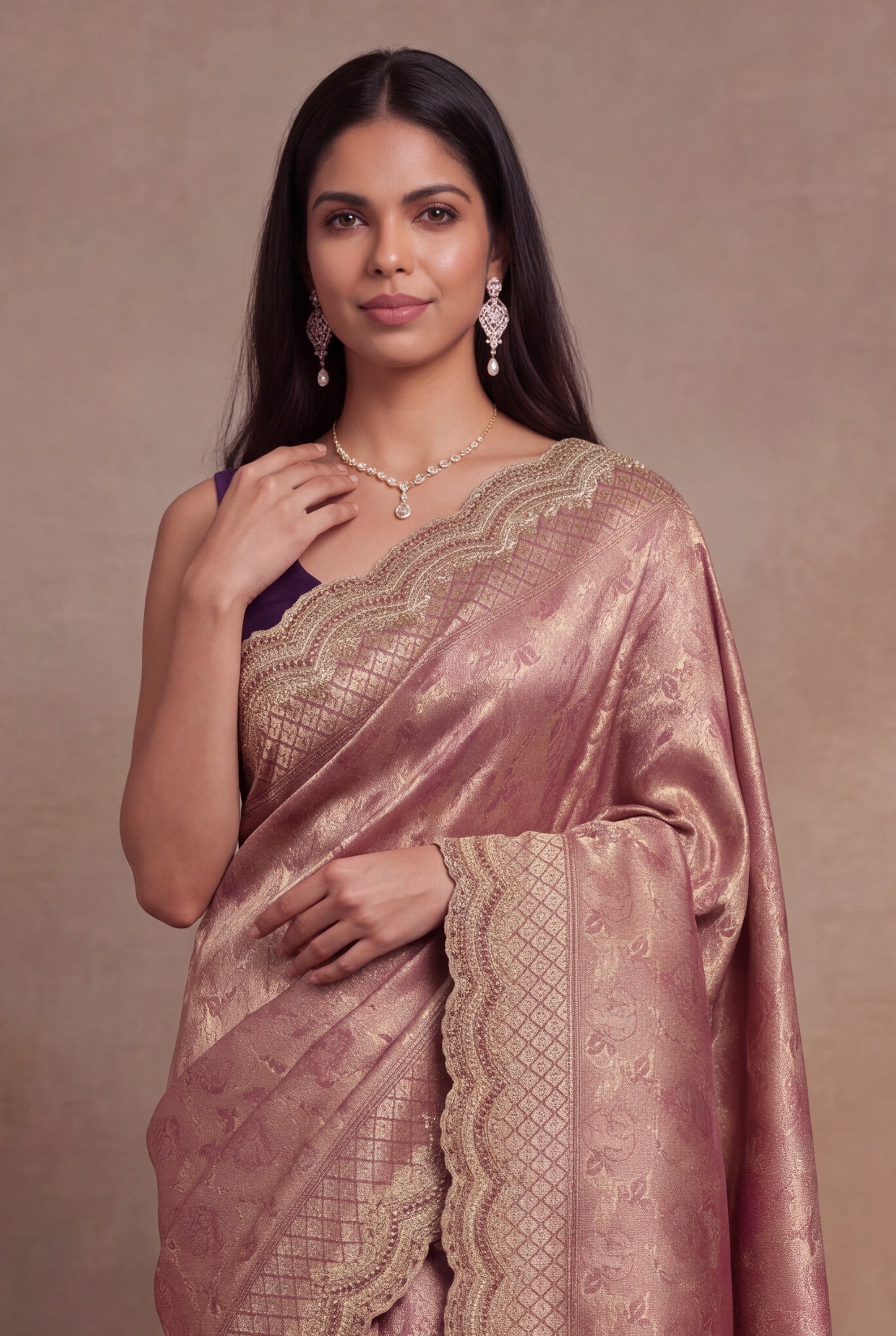 Wine Banarasi Silk Zardozi Saree