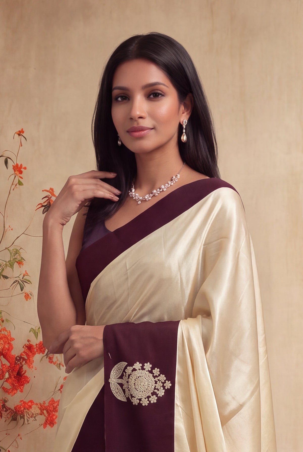 Ivory Crepe Silk Saree