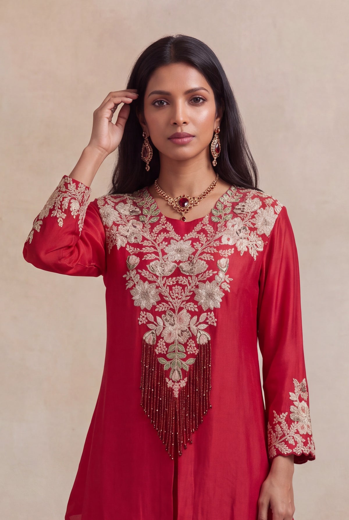 Red Raw Silk Zardosi Indo-Western Palazzo Set