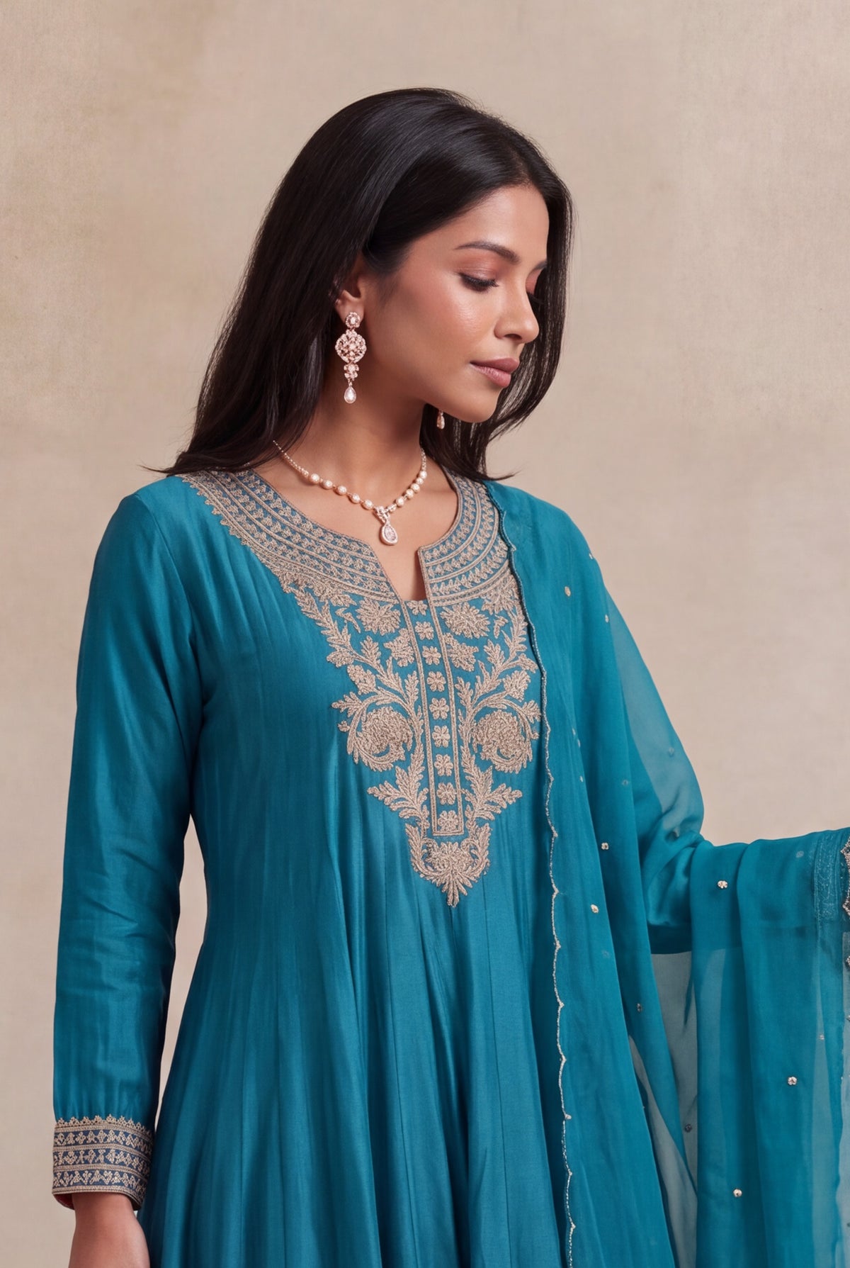 Teal Blue Chinon Silk Anarkali