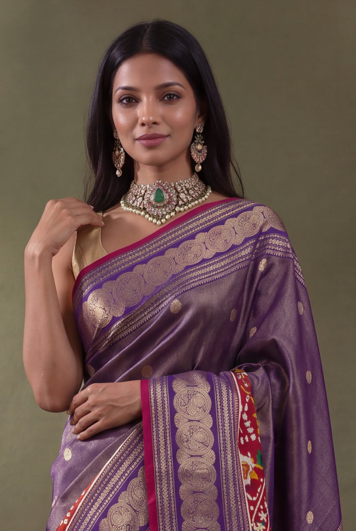 Purple Kanchipuram Silk Fusion Saree with Patan Patola Border