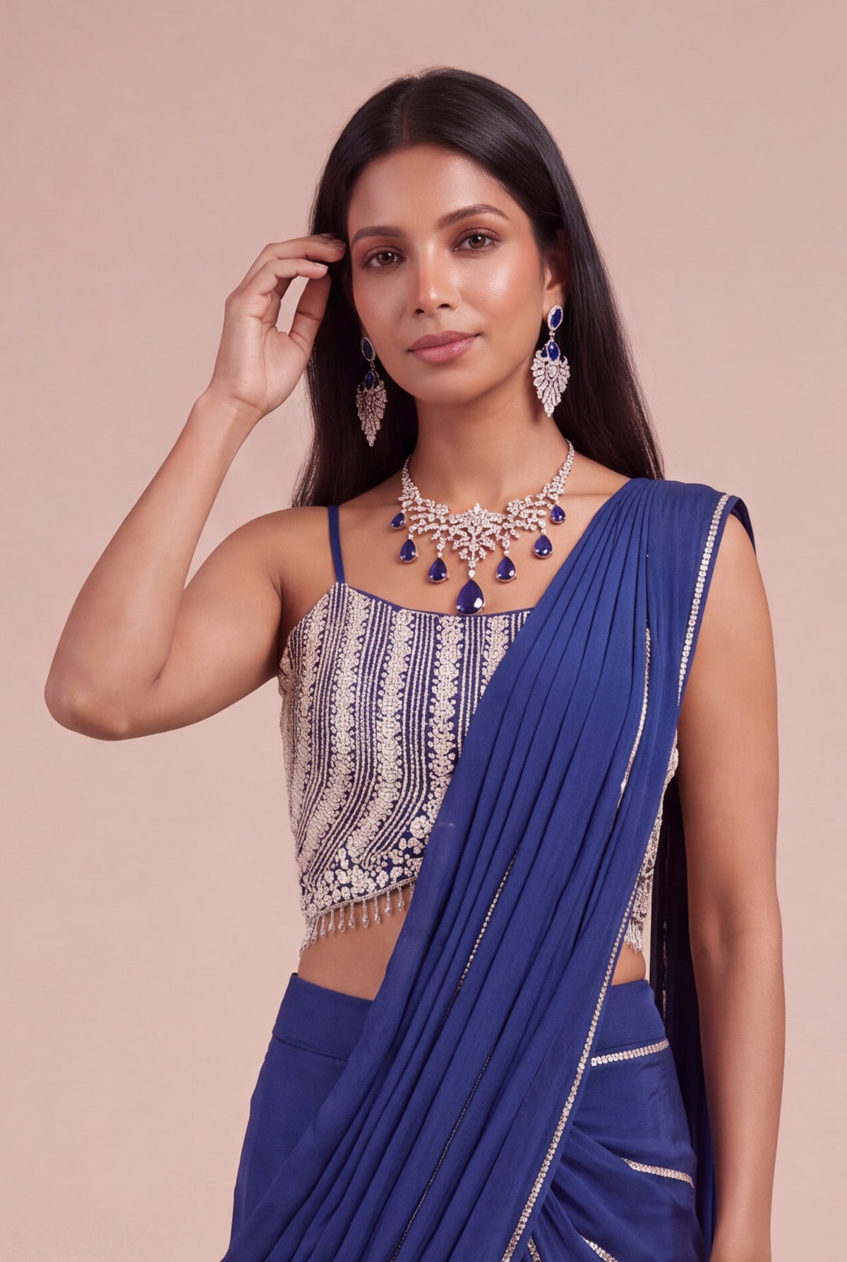 Royal Blue Chinon Crepe  Draped Saree