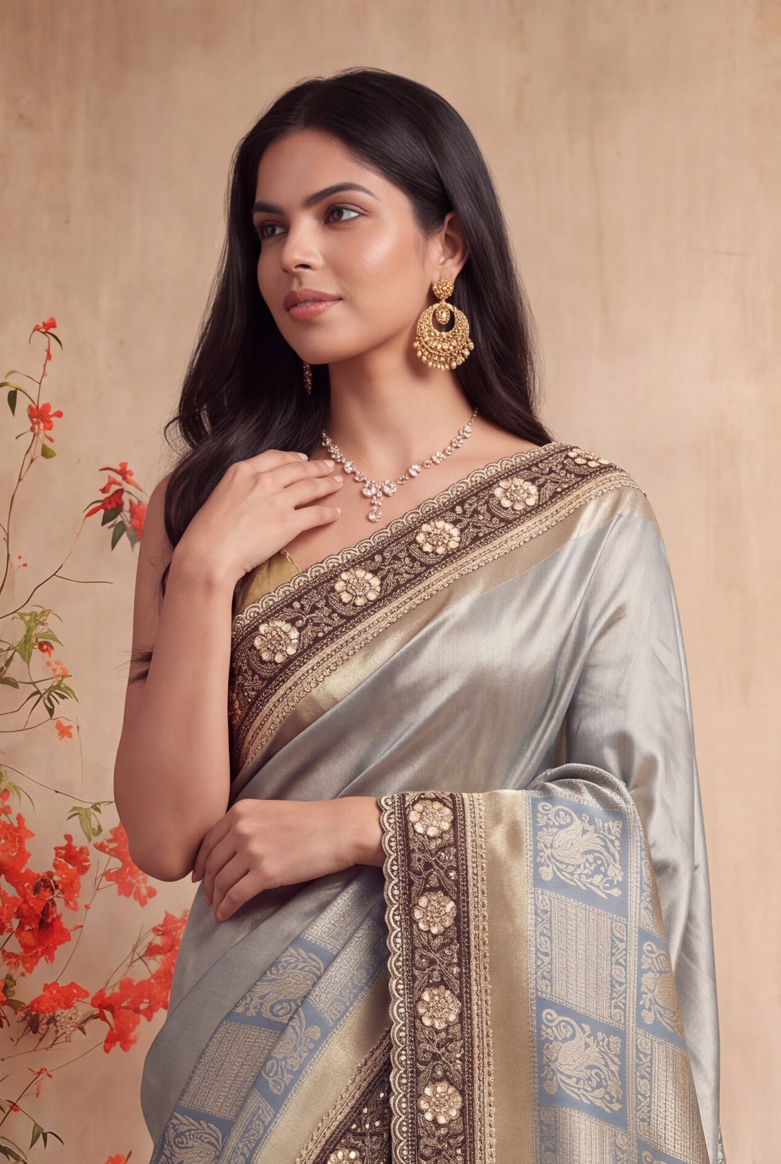 Ice Blue Zardozi Scallop Border Saree