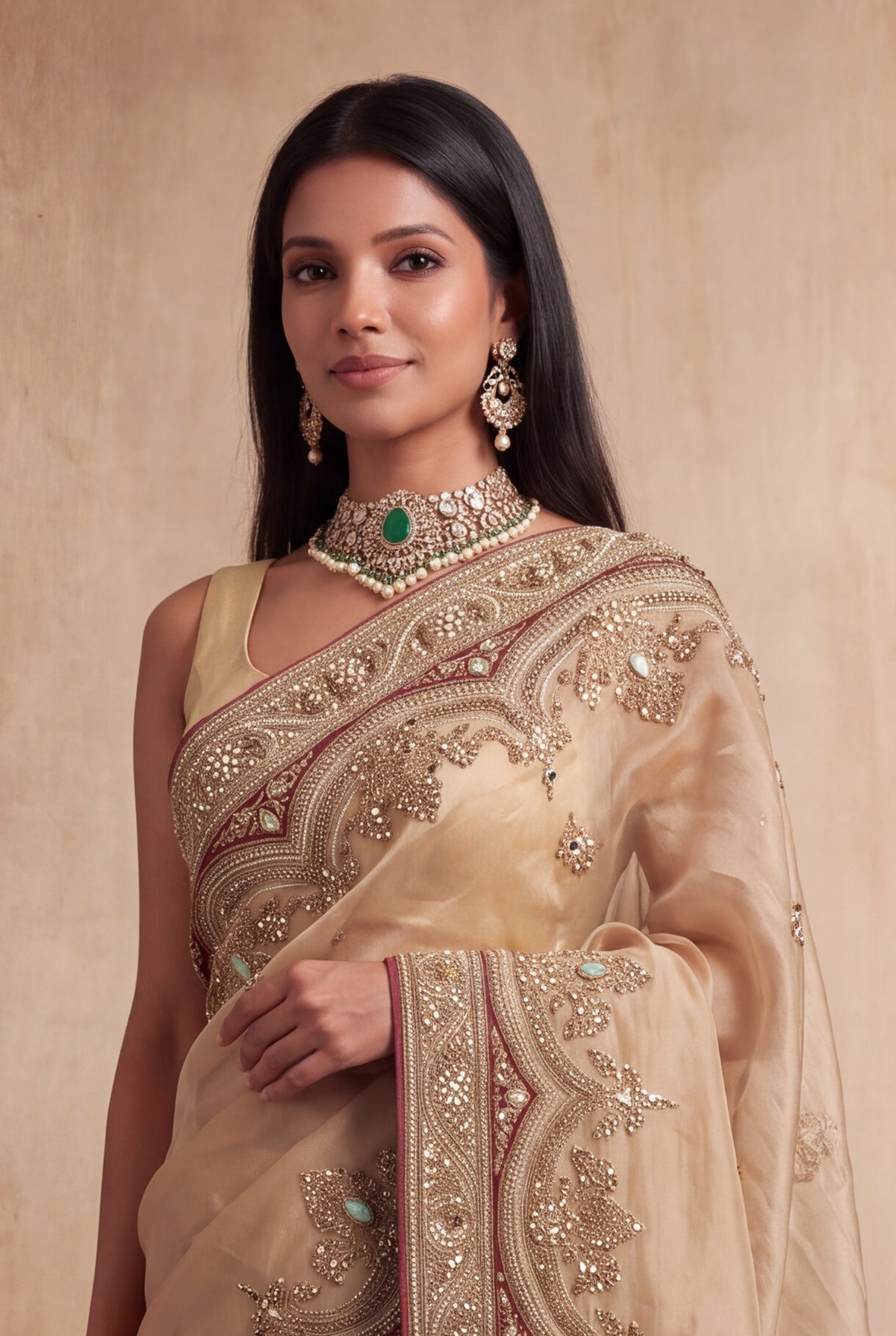 Gold Tissue Organza Zardosi Saree