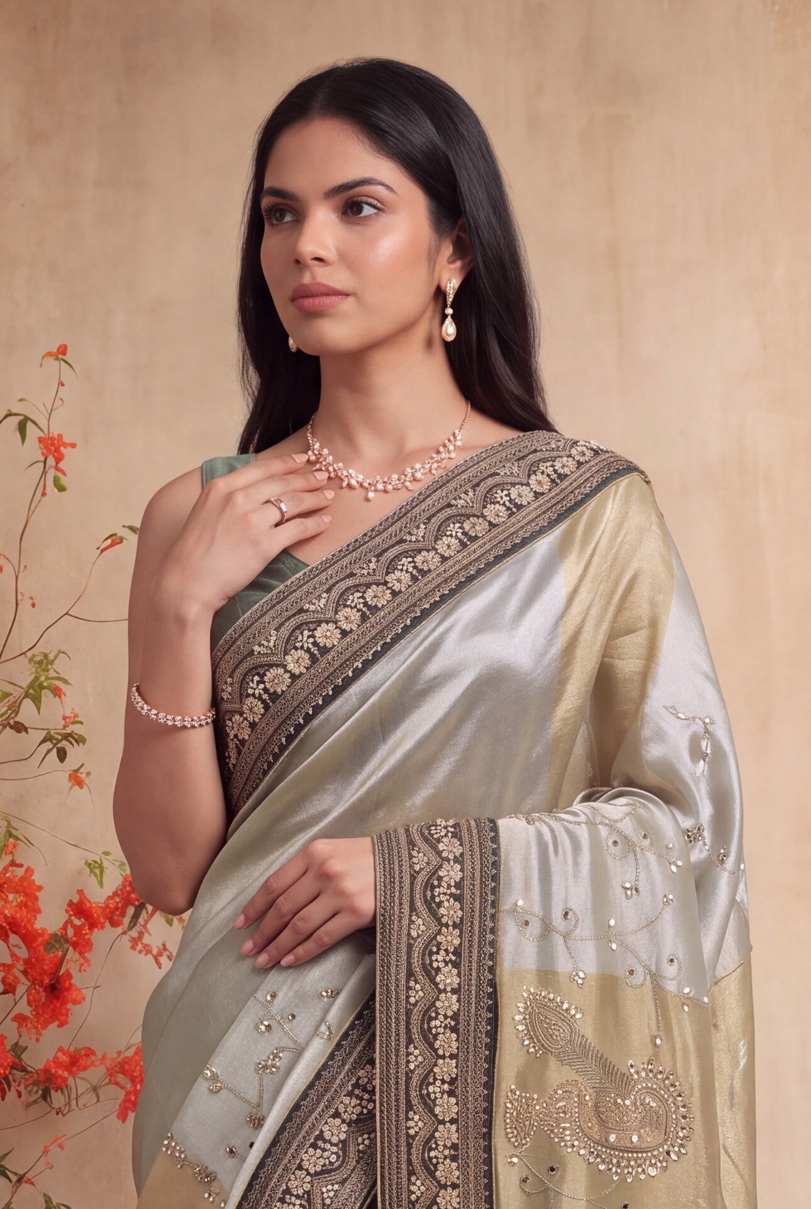 Pista Green & Gold Tissue Saree with Antique Border