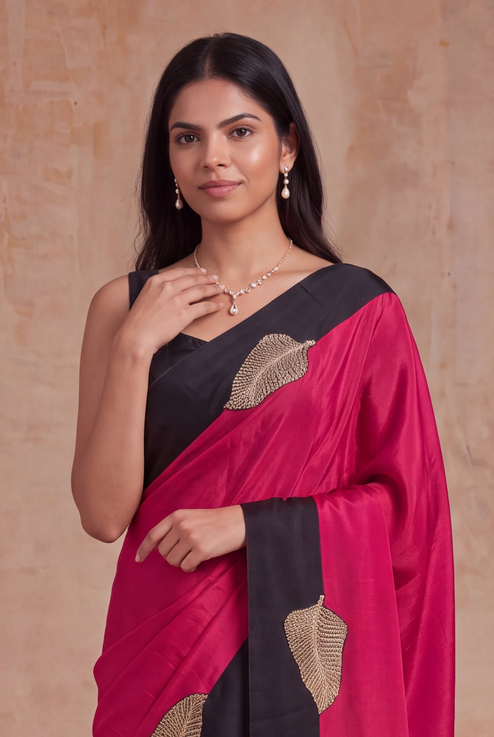 Rani Pink Satin Silk Saree with Black Sequin Border