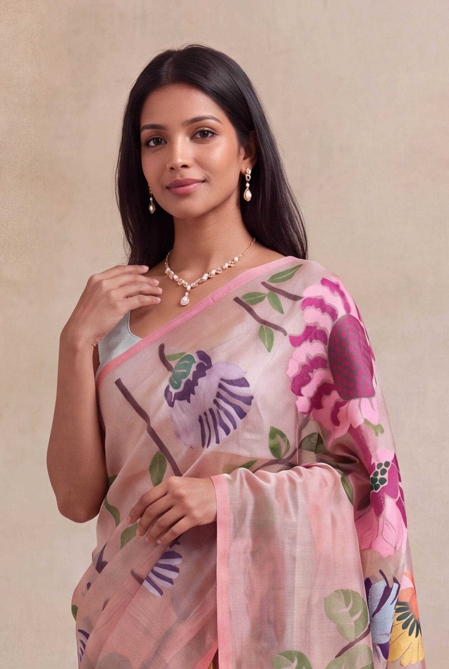 Peach Banarasi Tissue Silk Floral Jaal Saree