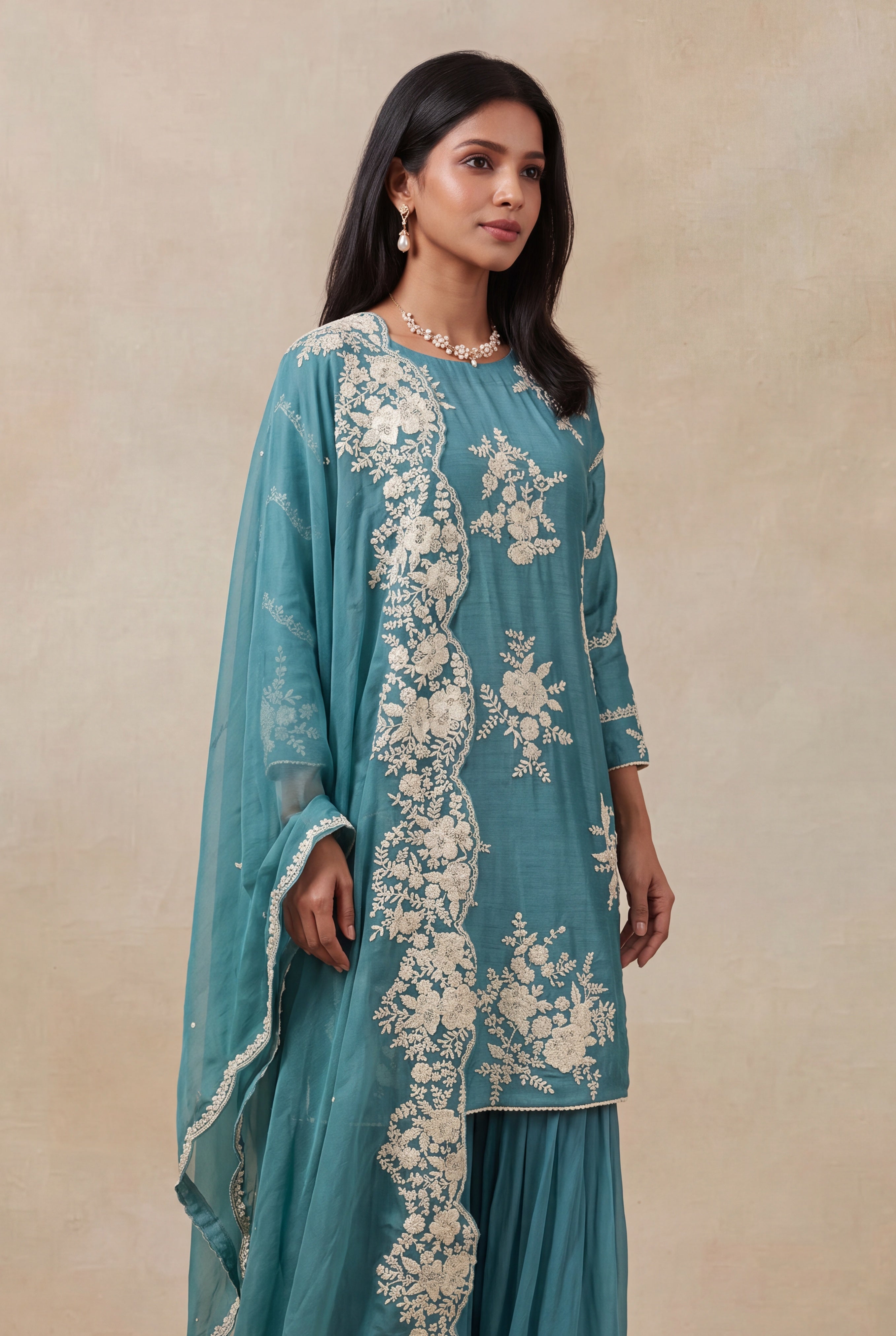 Teal Blue Raw Silk Sharara Set with Pearl Embroidery