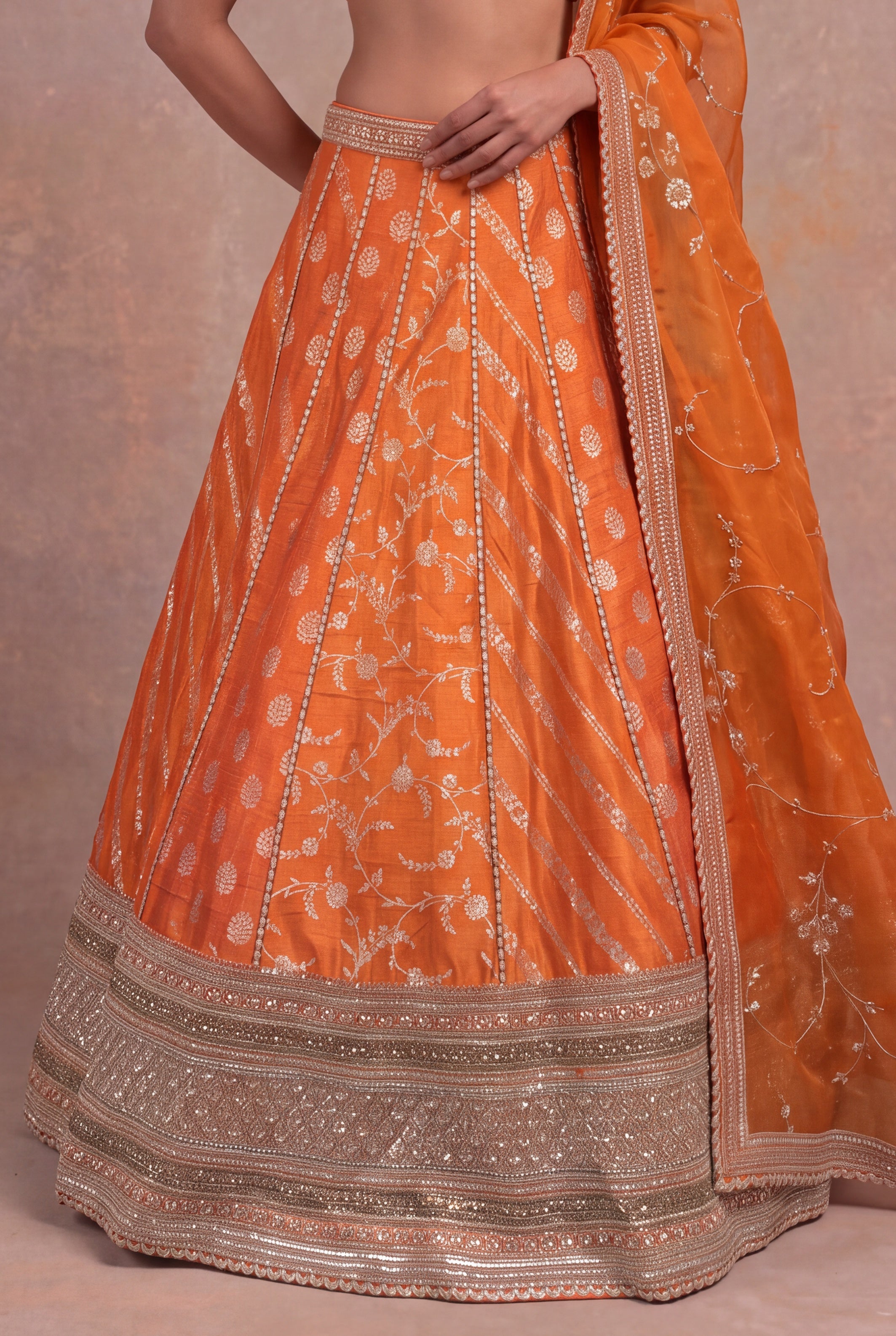 Orange Banarasi Raw Silk Lehenga