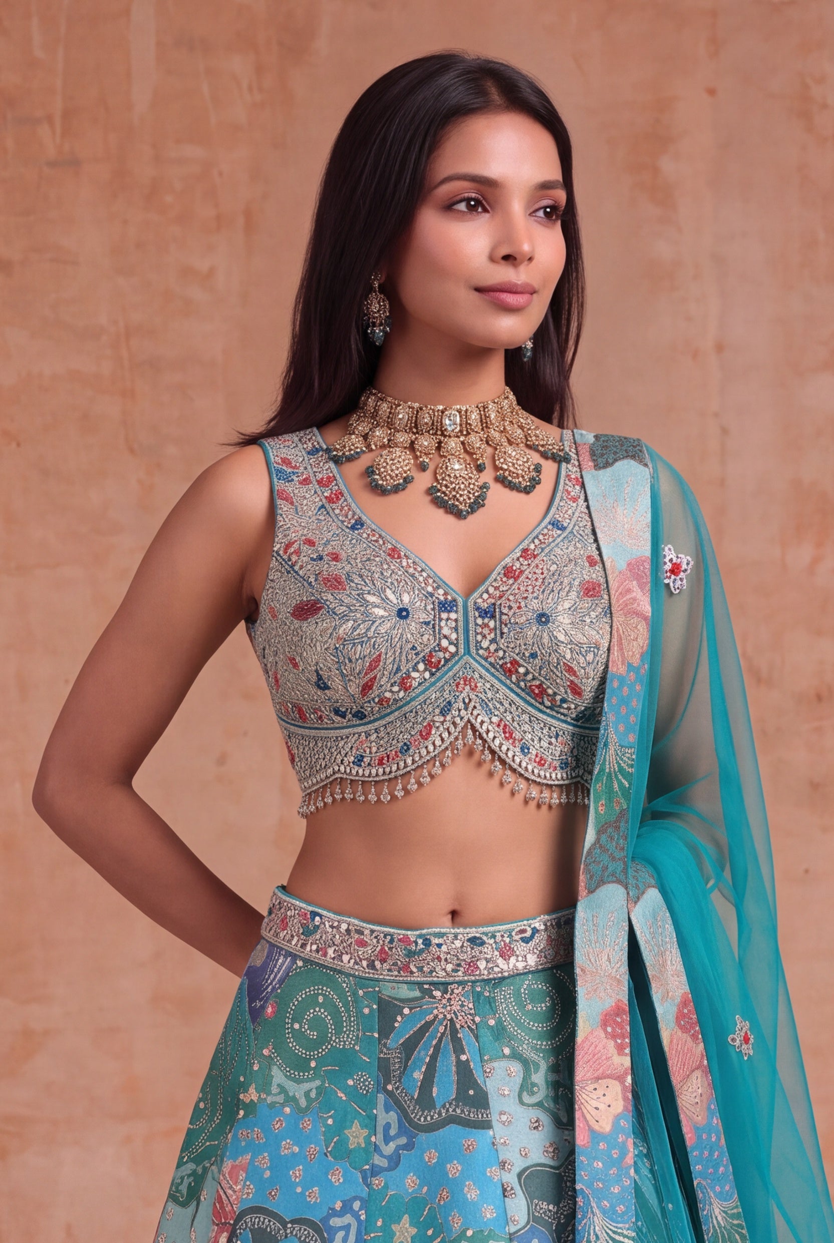Teal Tissue Silk Floral Lehenga