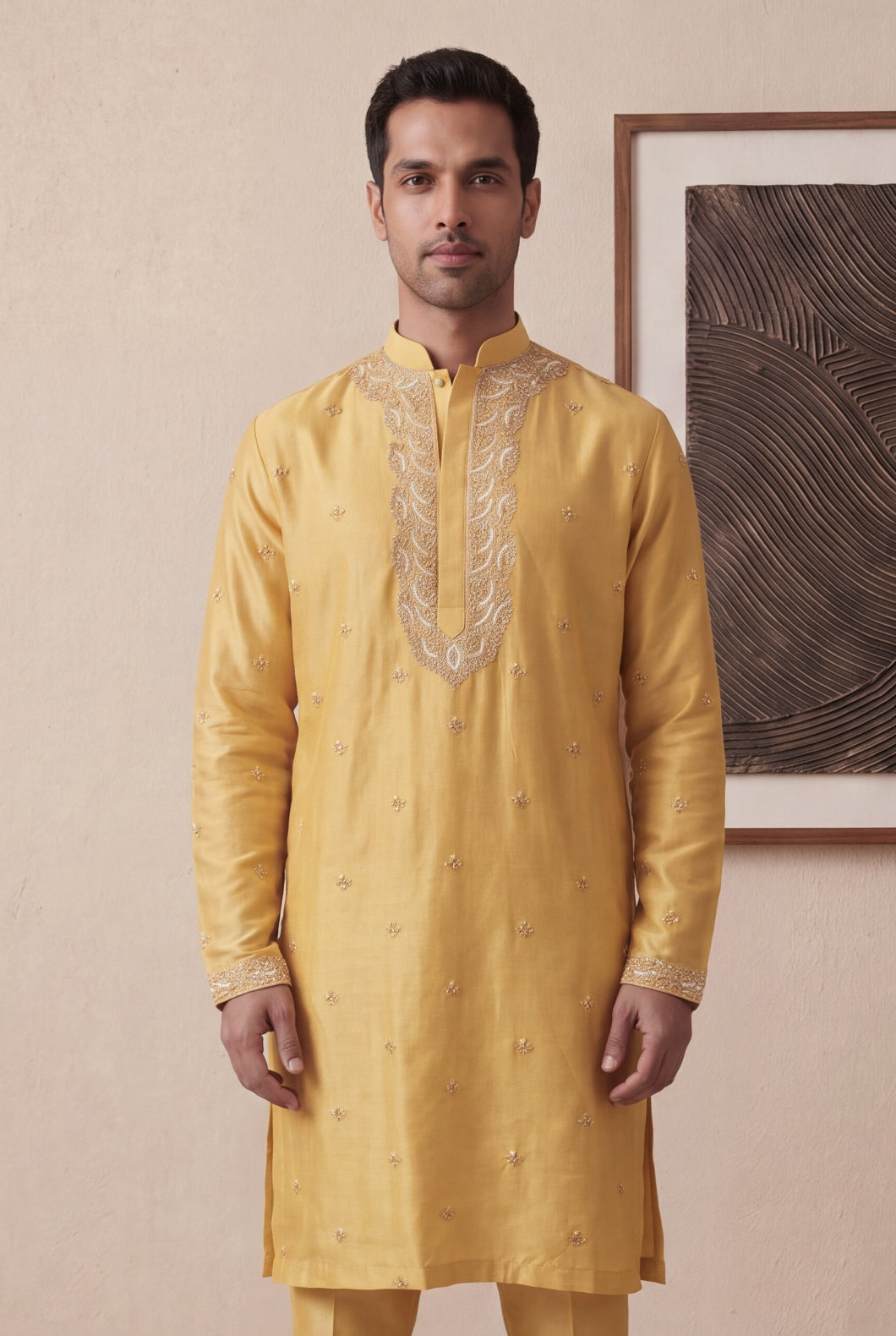 Yellow Raw Silk Embroidered Kurta Pant