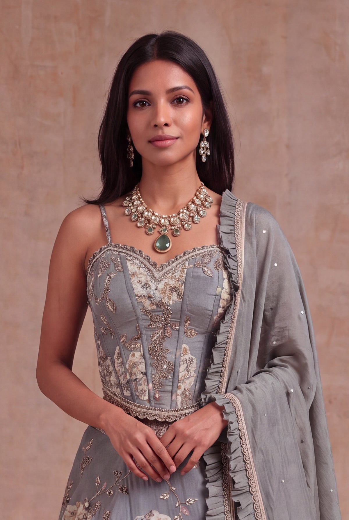 Grey Tissue Silk Floral Lehenga with Zari Work