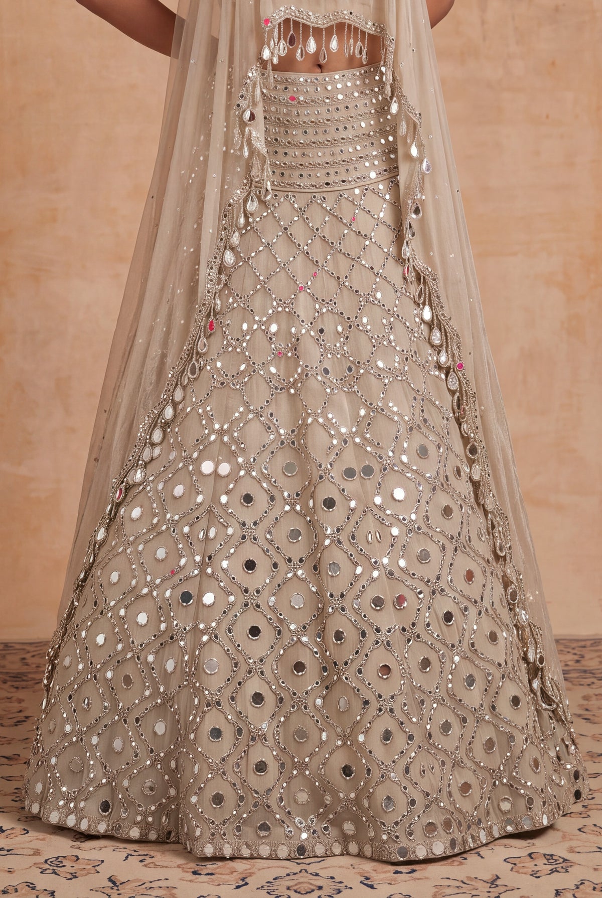 Beige Mirror Work Tissue Lehenga Set