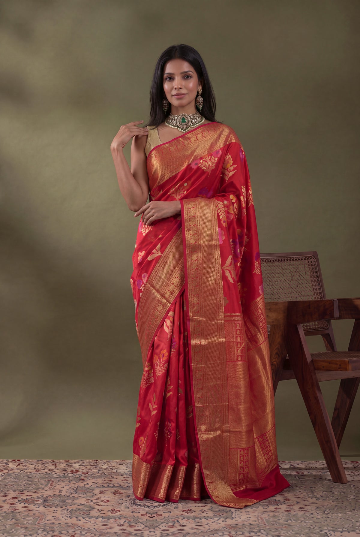 Red Banarasi Silk Saree with Kanjivaram Border