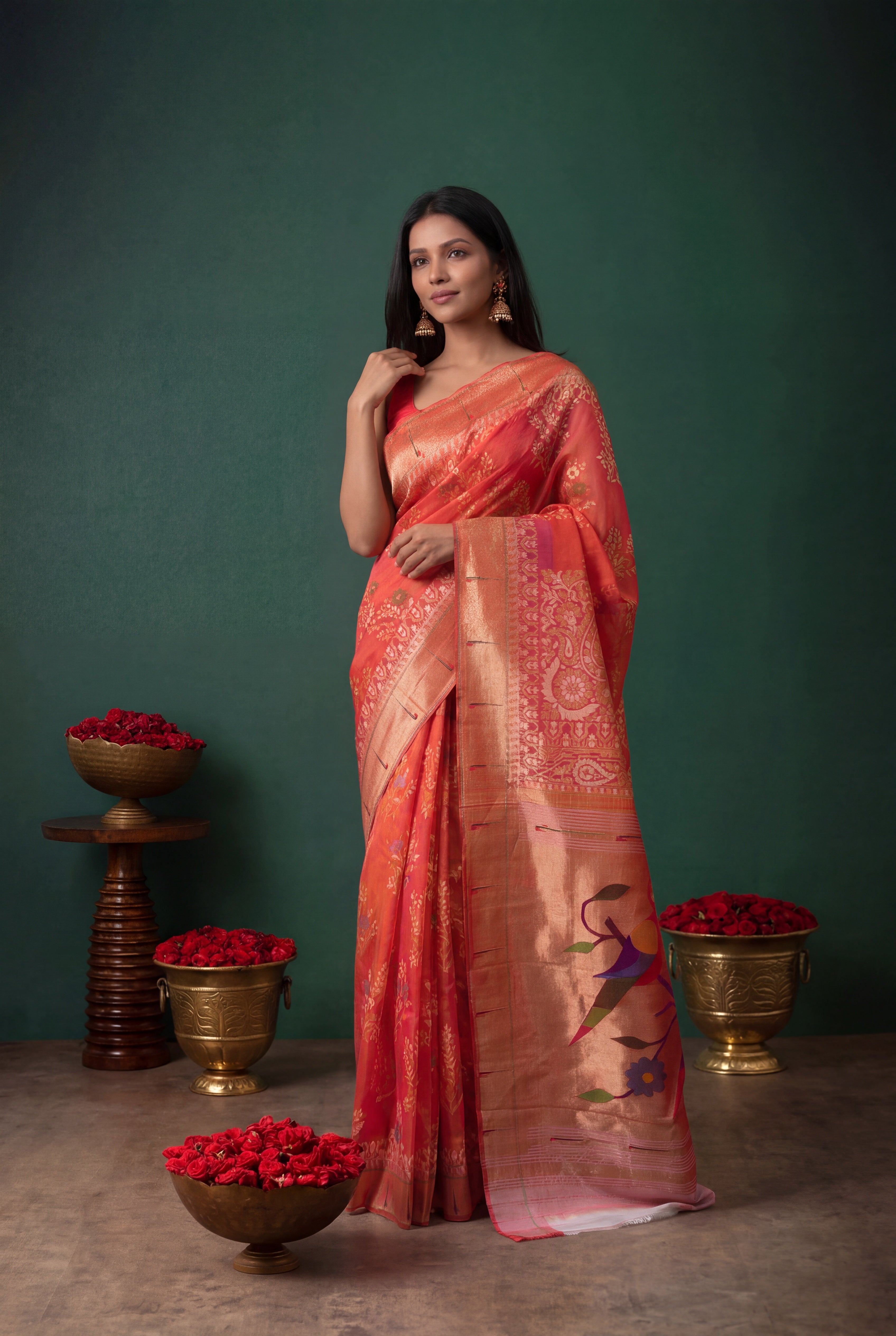 Coral Pink Kora Jamdani Saree with Paithani Border