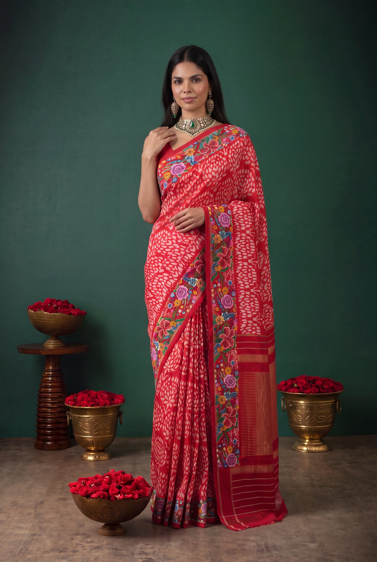 Red Ikat Silk Saree with Petit Point Border