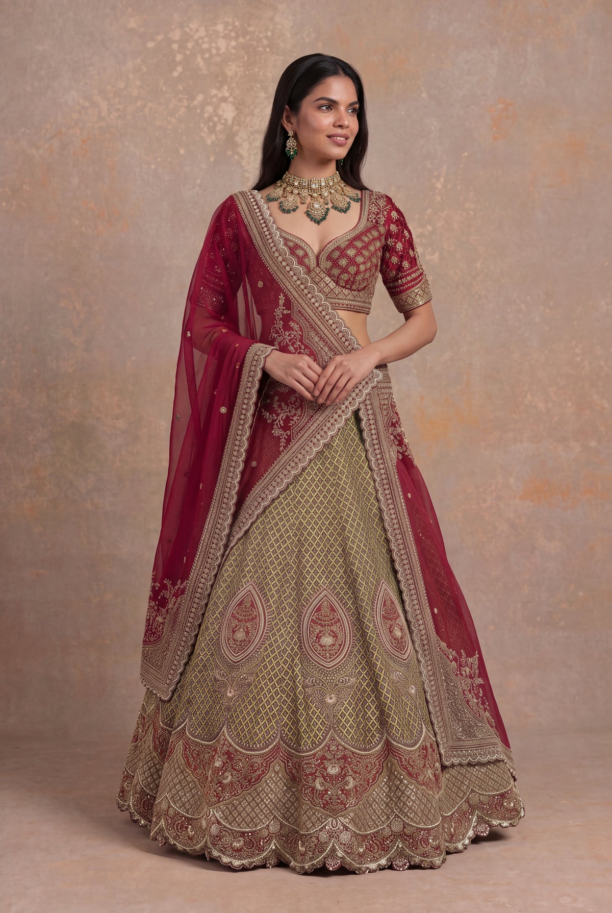 Olive Green Printed Silk Lehenga Set with Zardozi and Cutdana Work