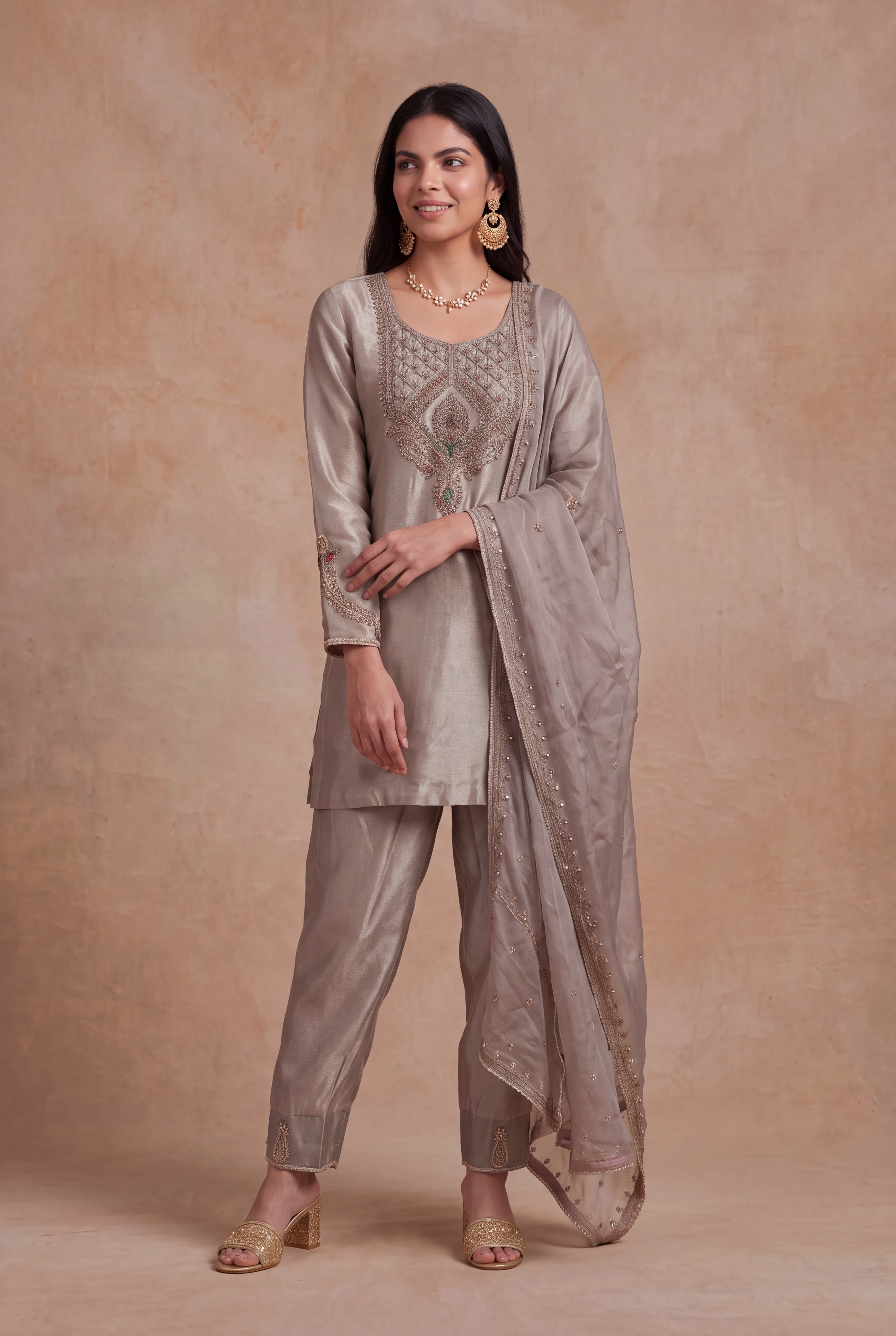 Silver Grey Tissue Indo-Western Set