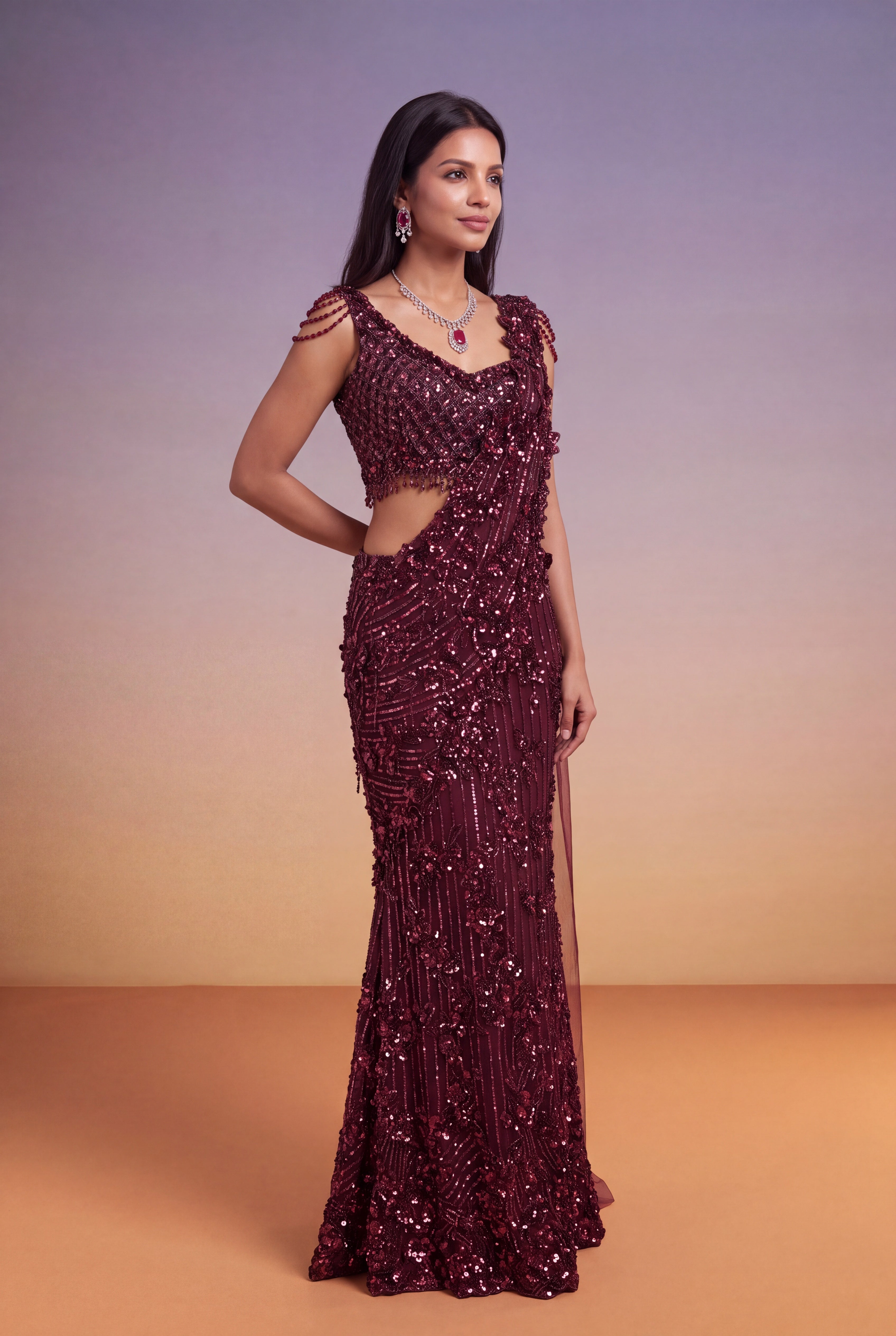 Wine Net Fish-Cut Indo-Western Drape Saree