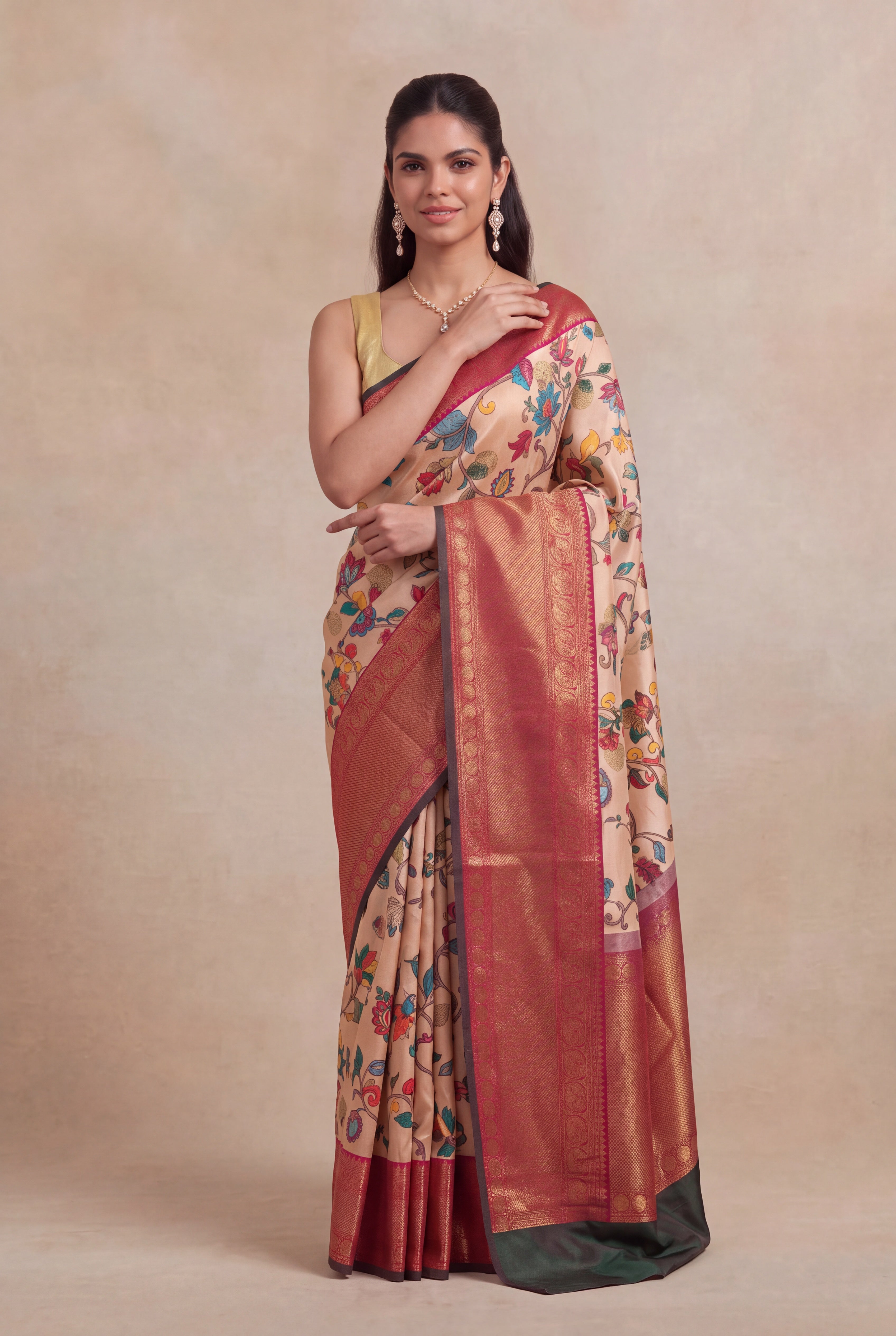 Light Peach Floral Print Kanchivaram Silk Saree