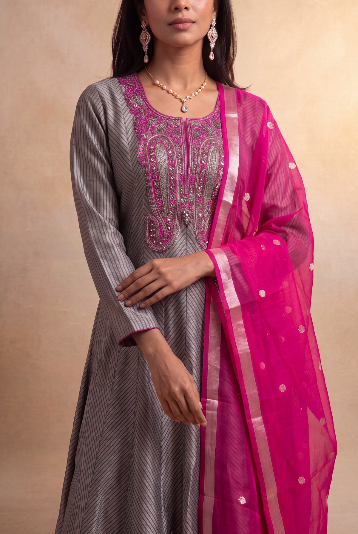 Grey Silk Anarkali Set
