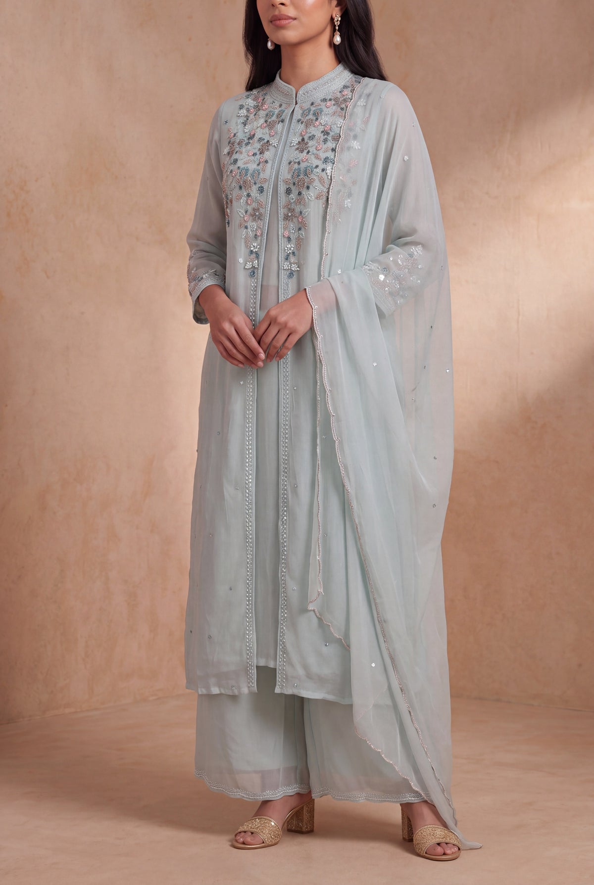 Powder Blue Crepe Indo-Western Sharara Set