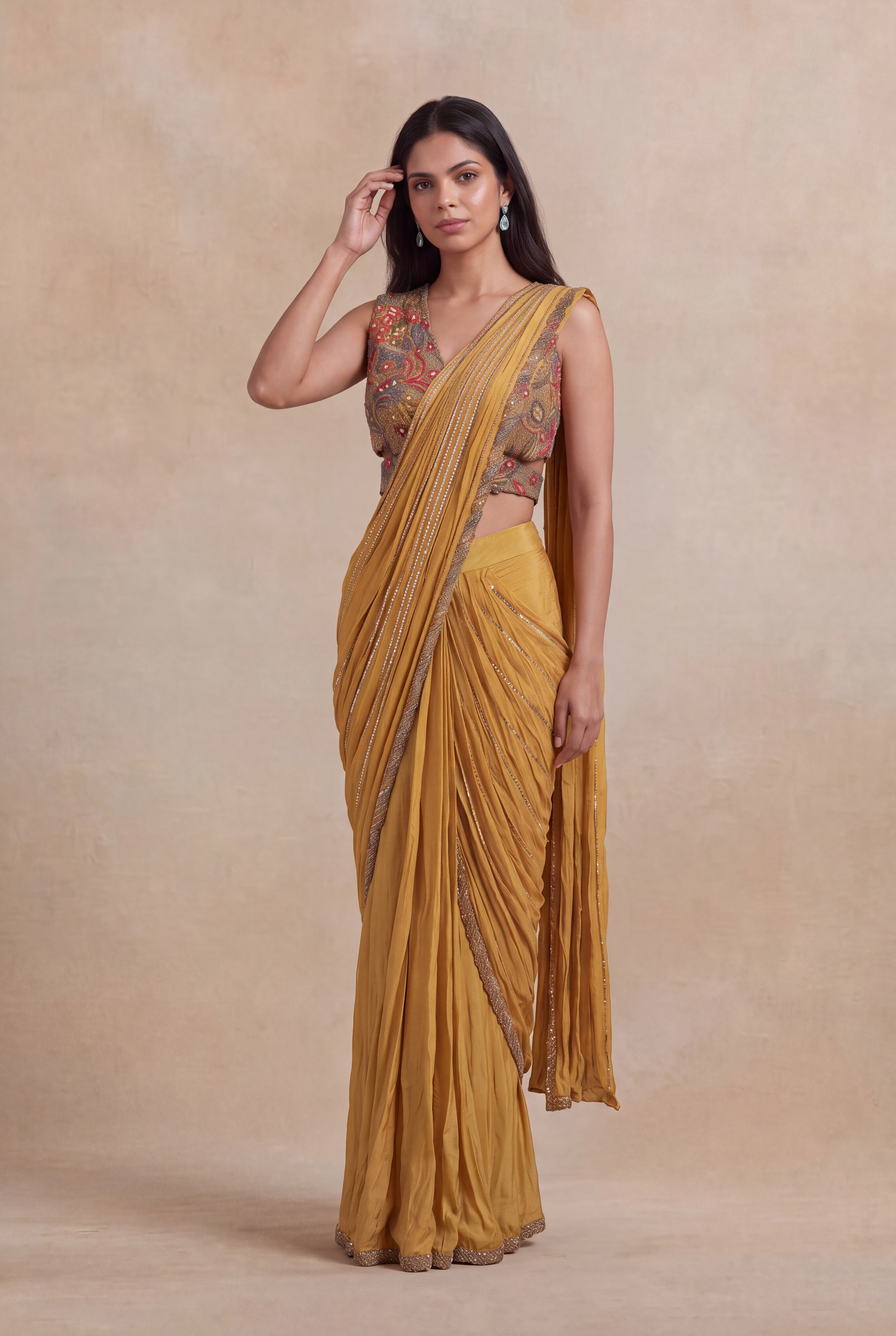 Mustard Yellow Draped Saree with Metallic Embroidered Blouse