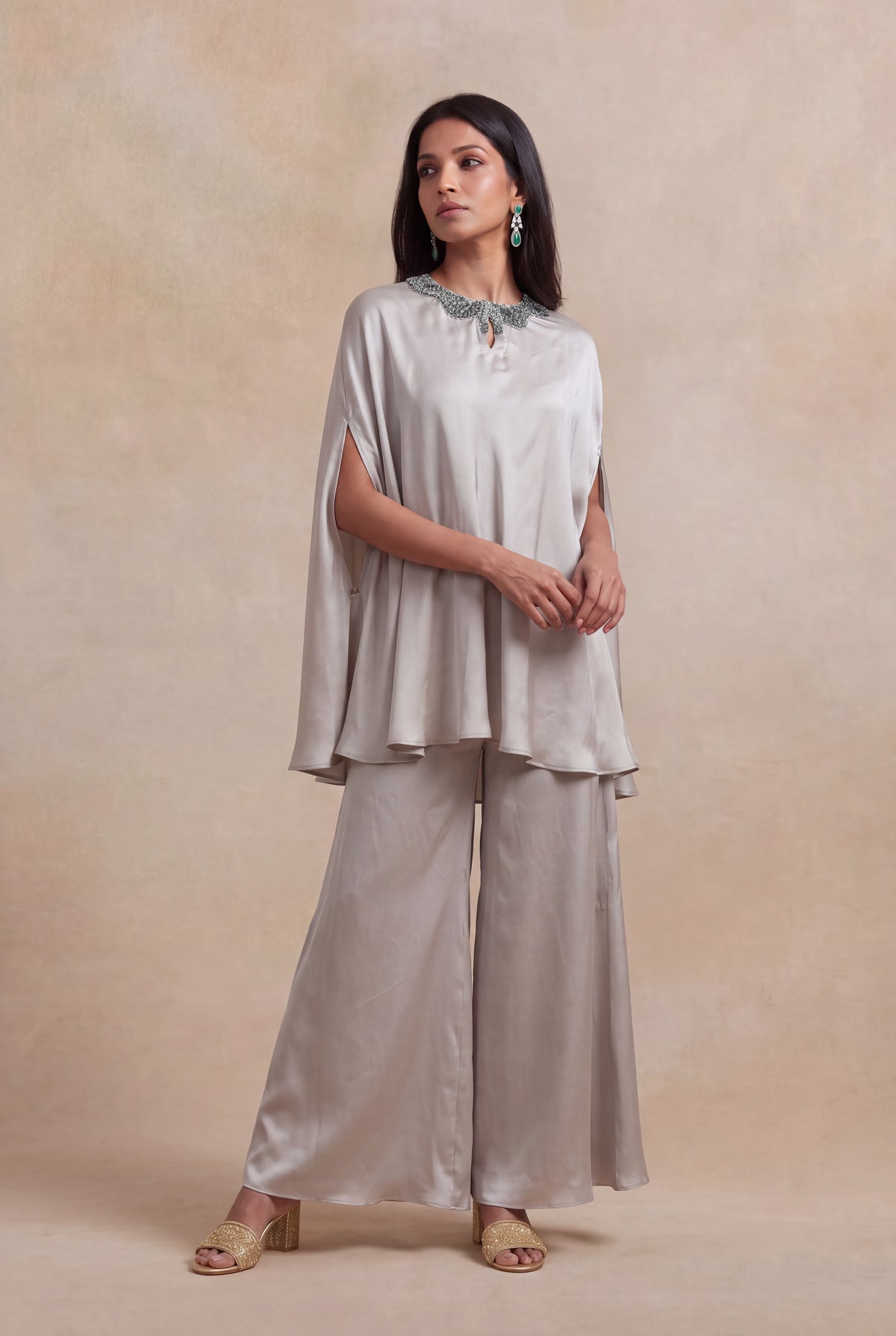 Silver Grey Satin Silk Cape Set with Bead Embellishment