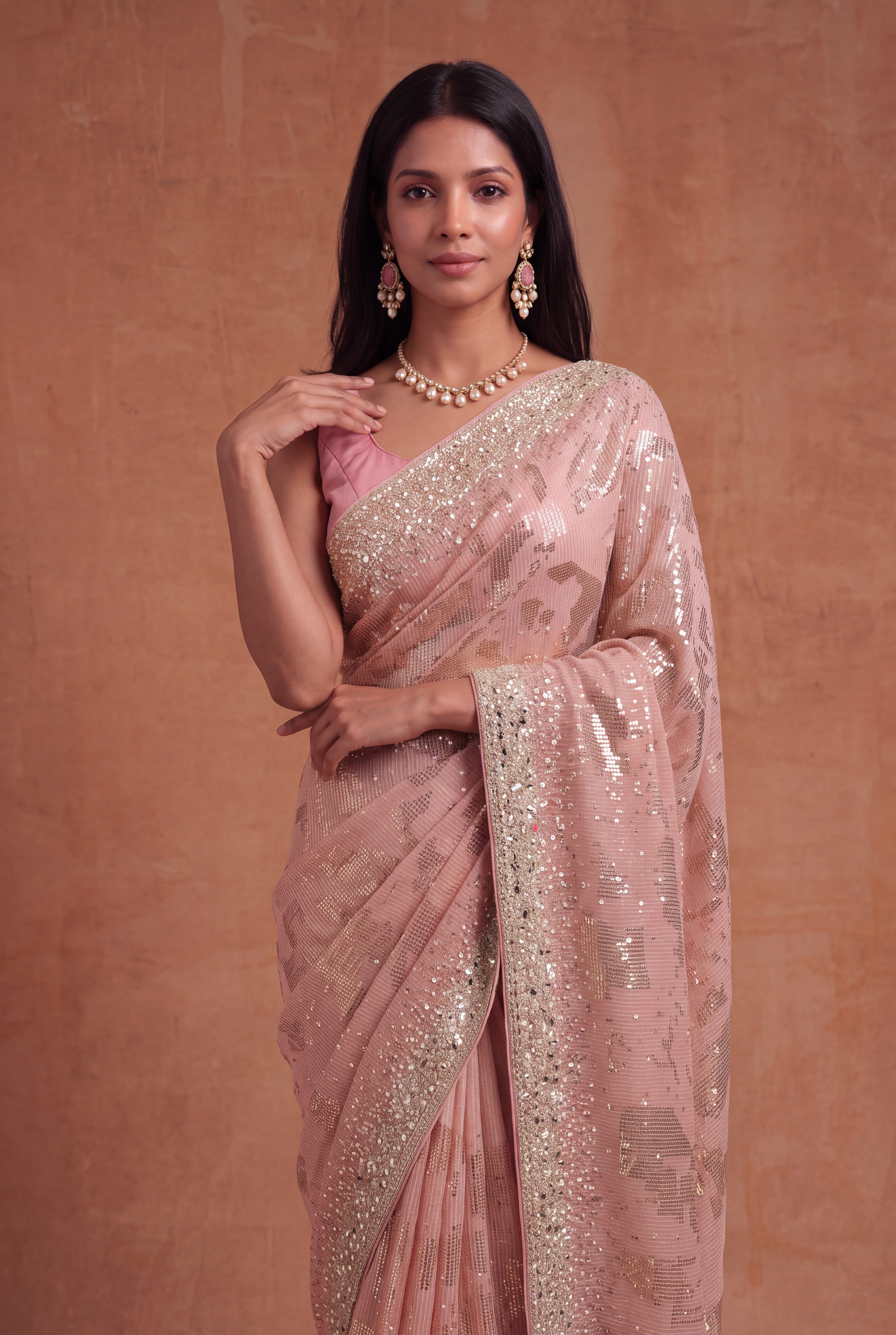 Peach Georgette Saree with Sequin & Mirror Work