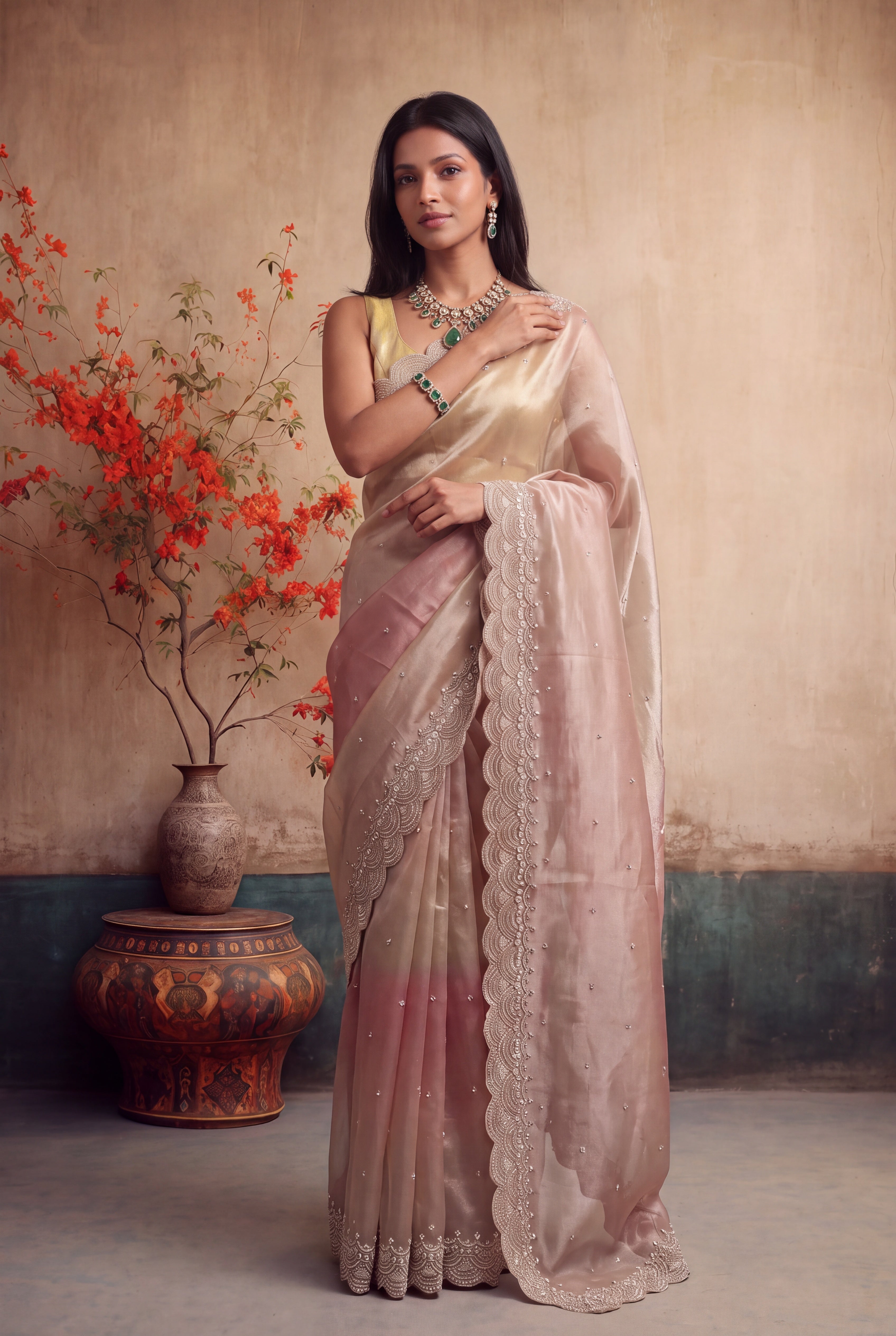 Shaded Glass Tissue Saree with Beaded Scallop Border