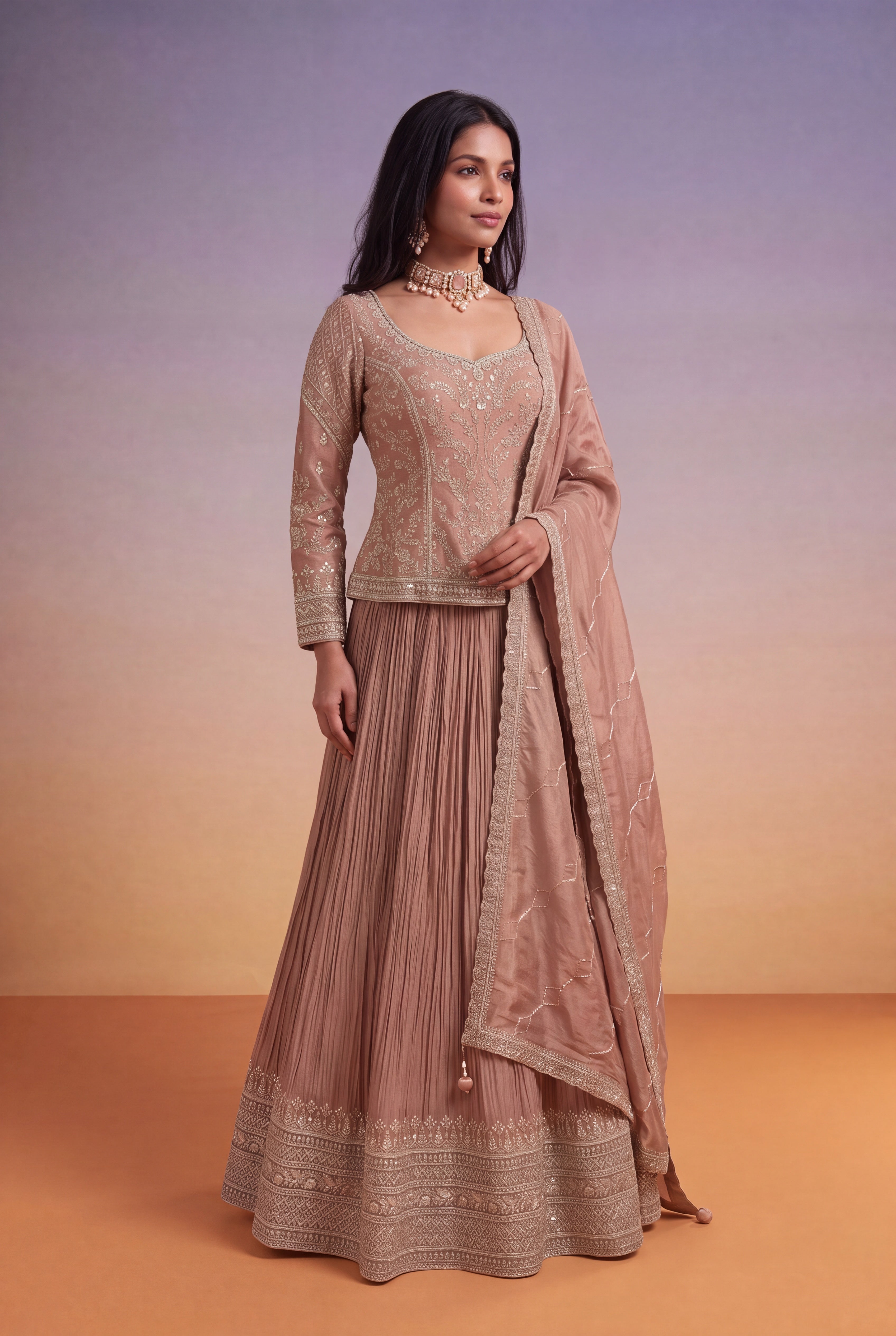 Mauve Chinon Lehenga with Zari-Embroidered Tissue Silk Top