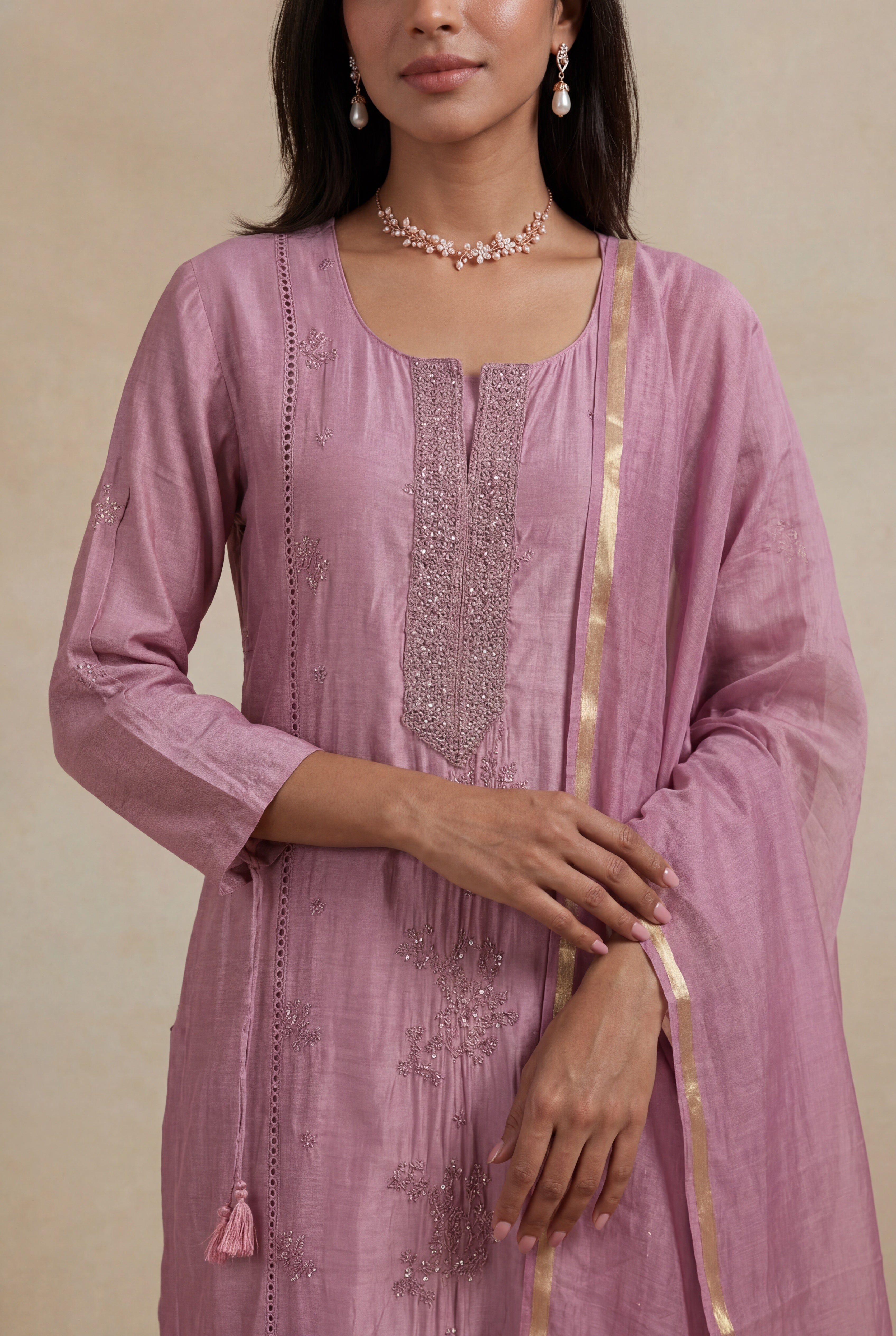 Dusty Pink Mul Cotton Embroidered Straight-Cut Salwar Set