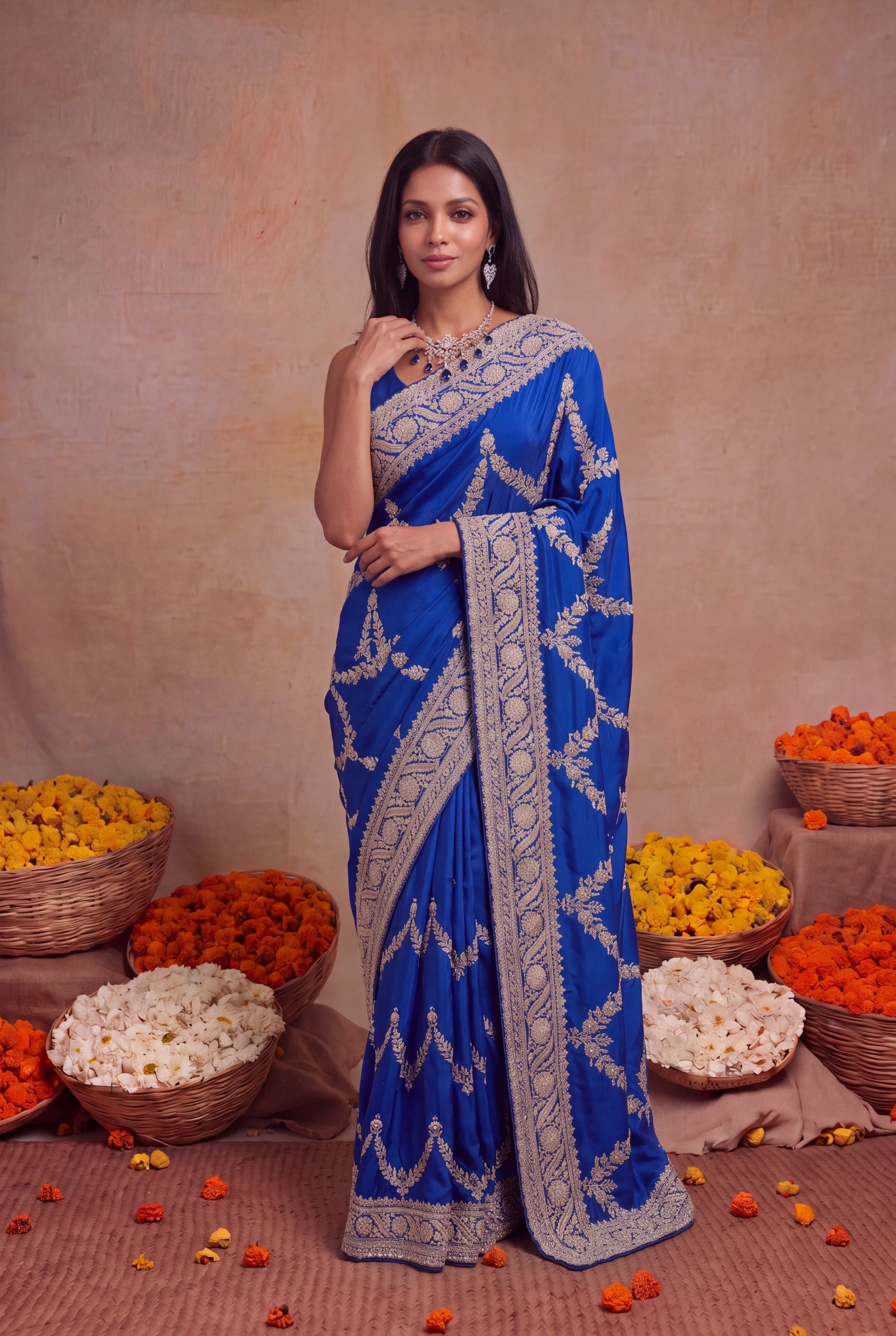 Ink Blue Satin Saree with Zardosi Embroidery