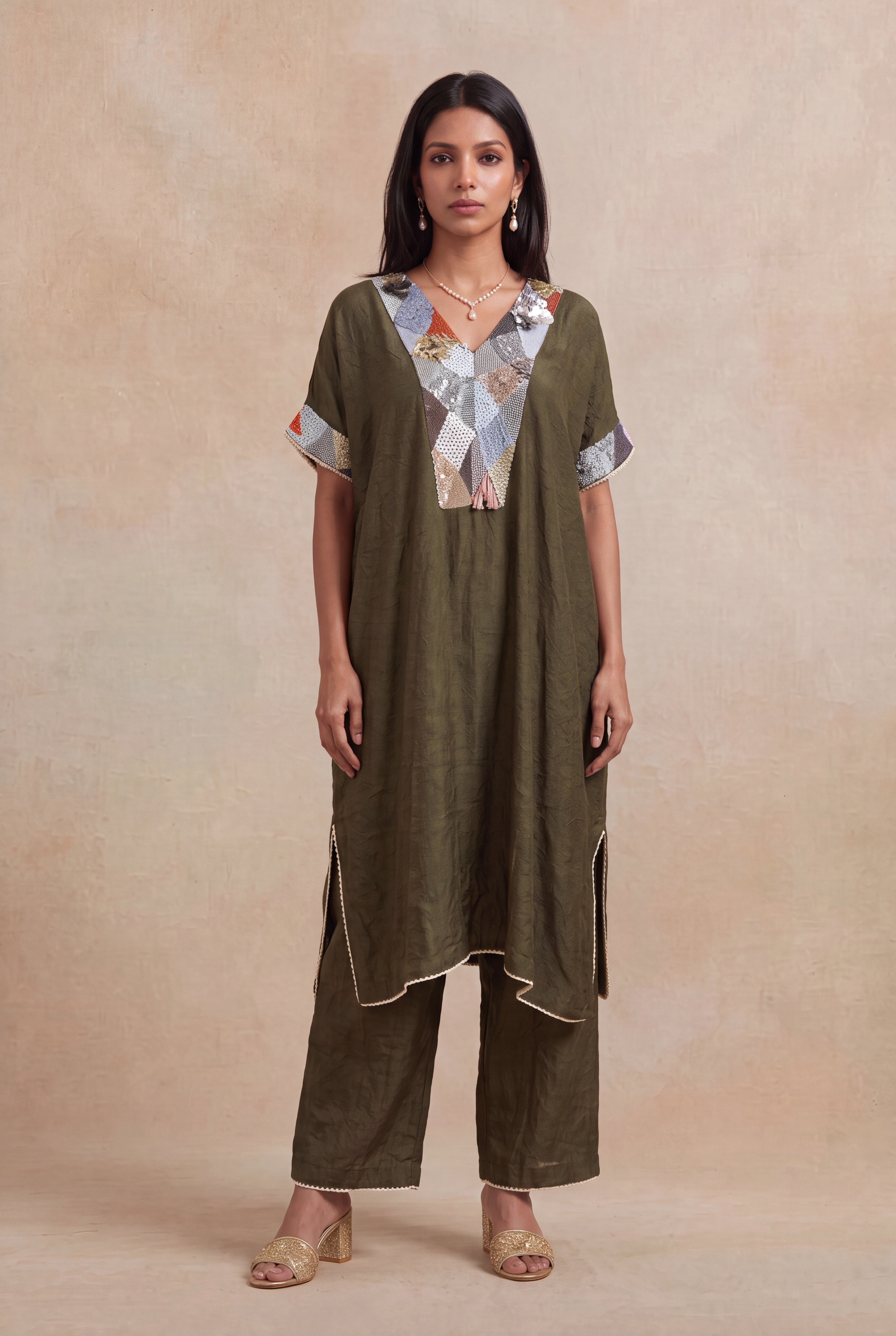 Mehendi Green Soft Silk Kaftan Co-ord Set