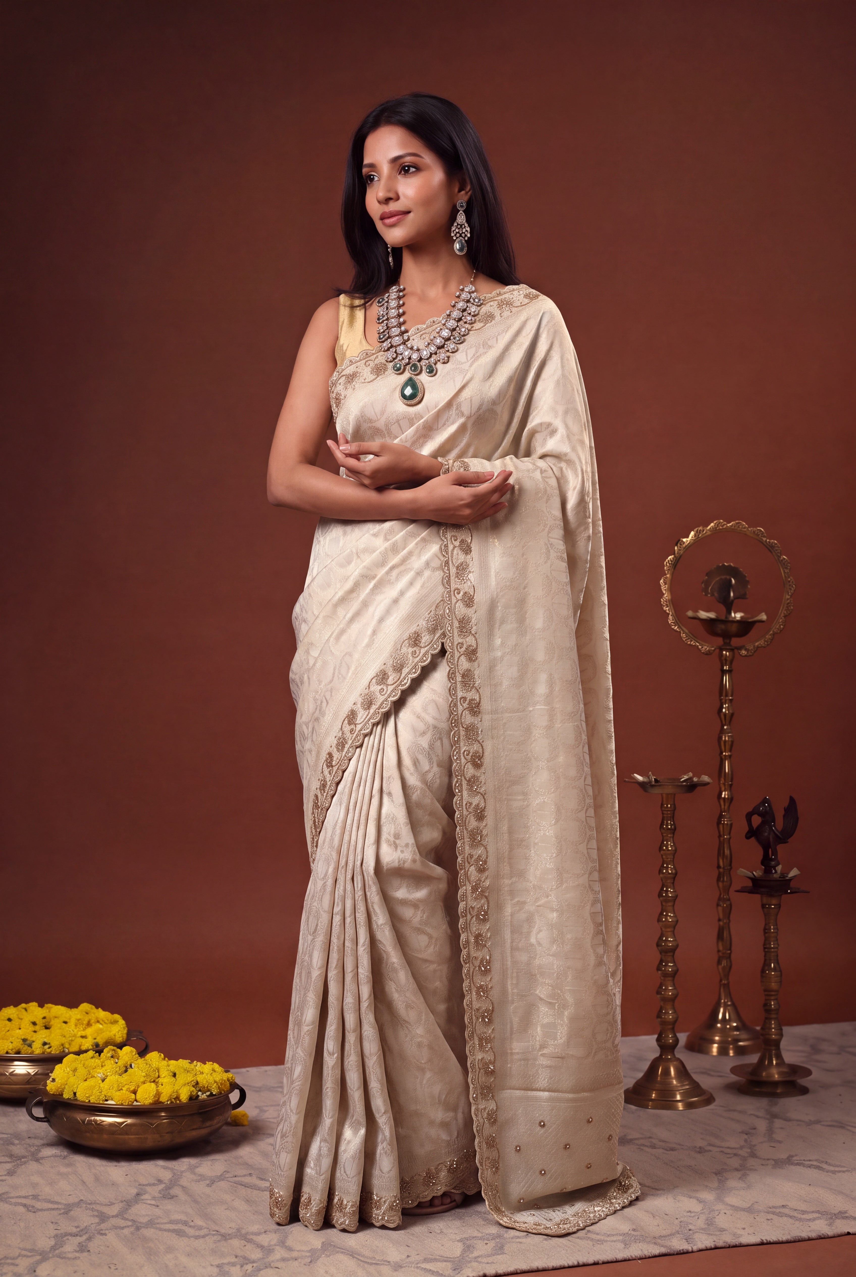 Ivory Banarasi Silk Saree with Antique Zari Work