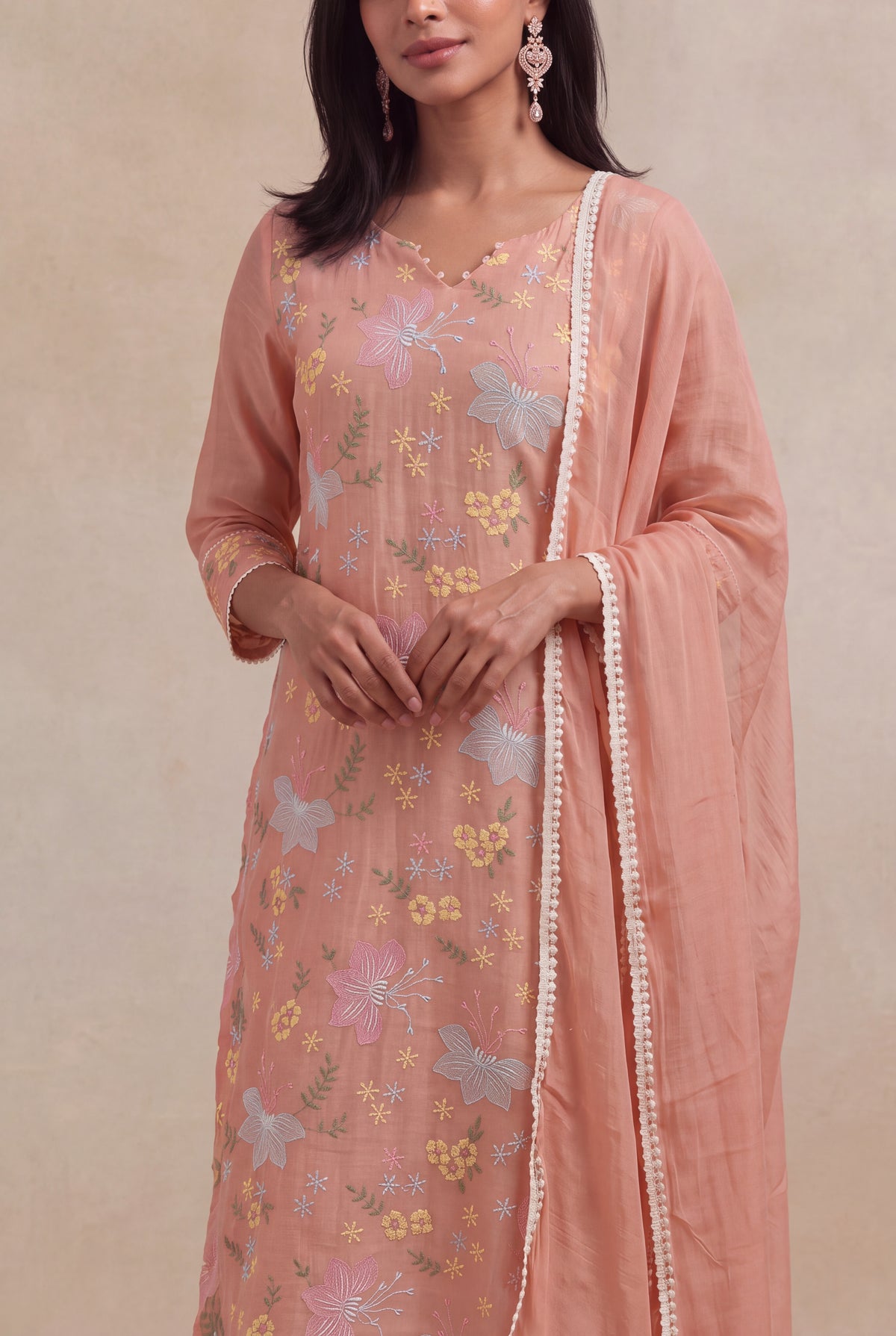 Peach Mul Cotton Embroidered Kurti Set