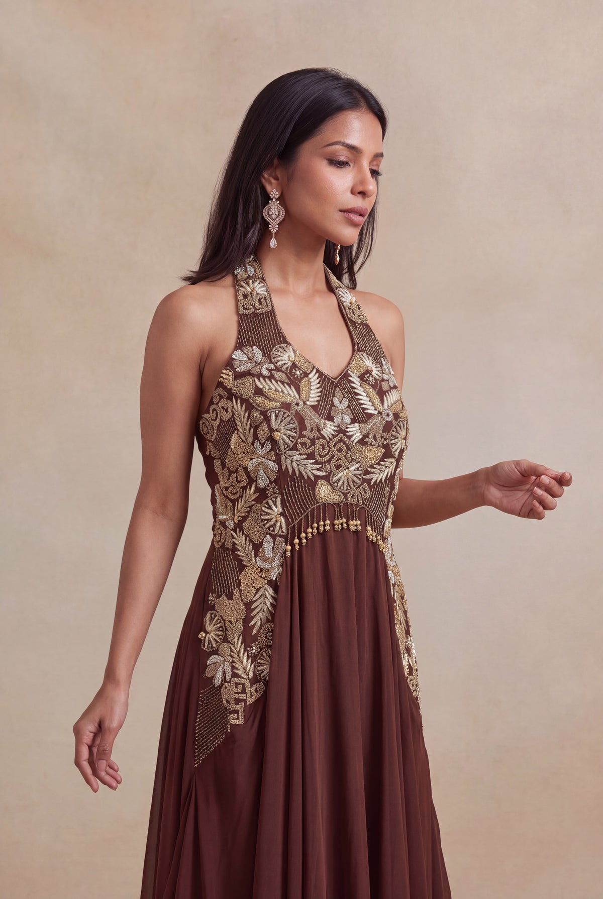 Brown Satin Silk Sequin Embroidered Western Gown