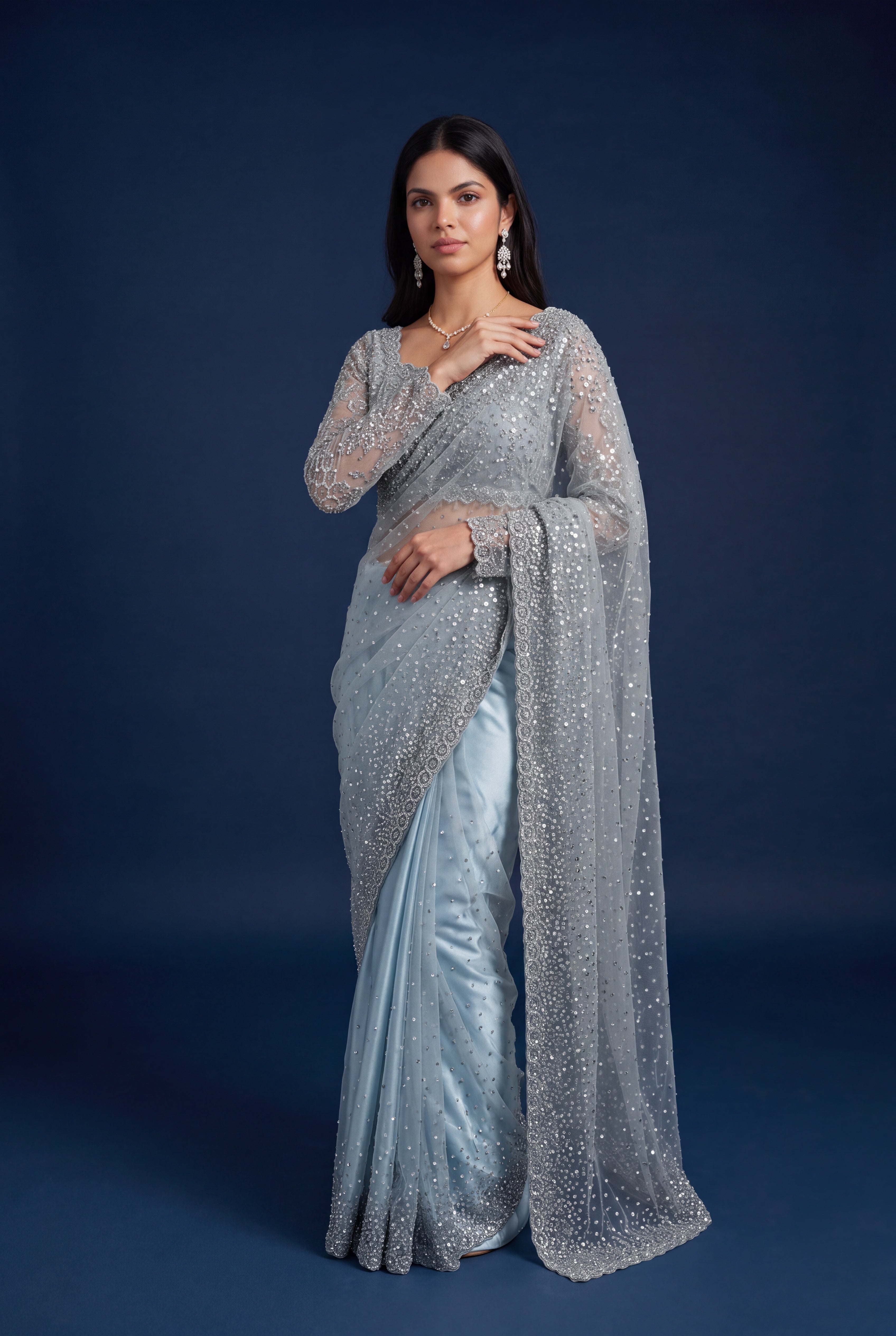 Ice Blue Net Designer Saree