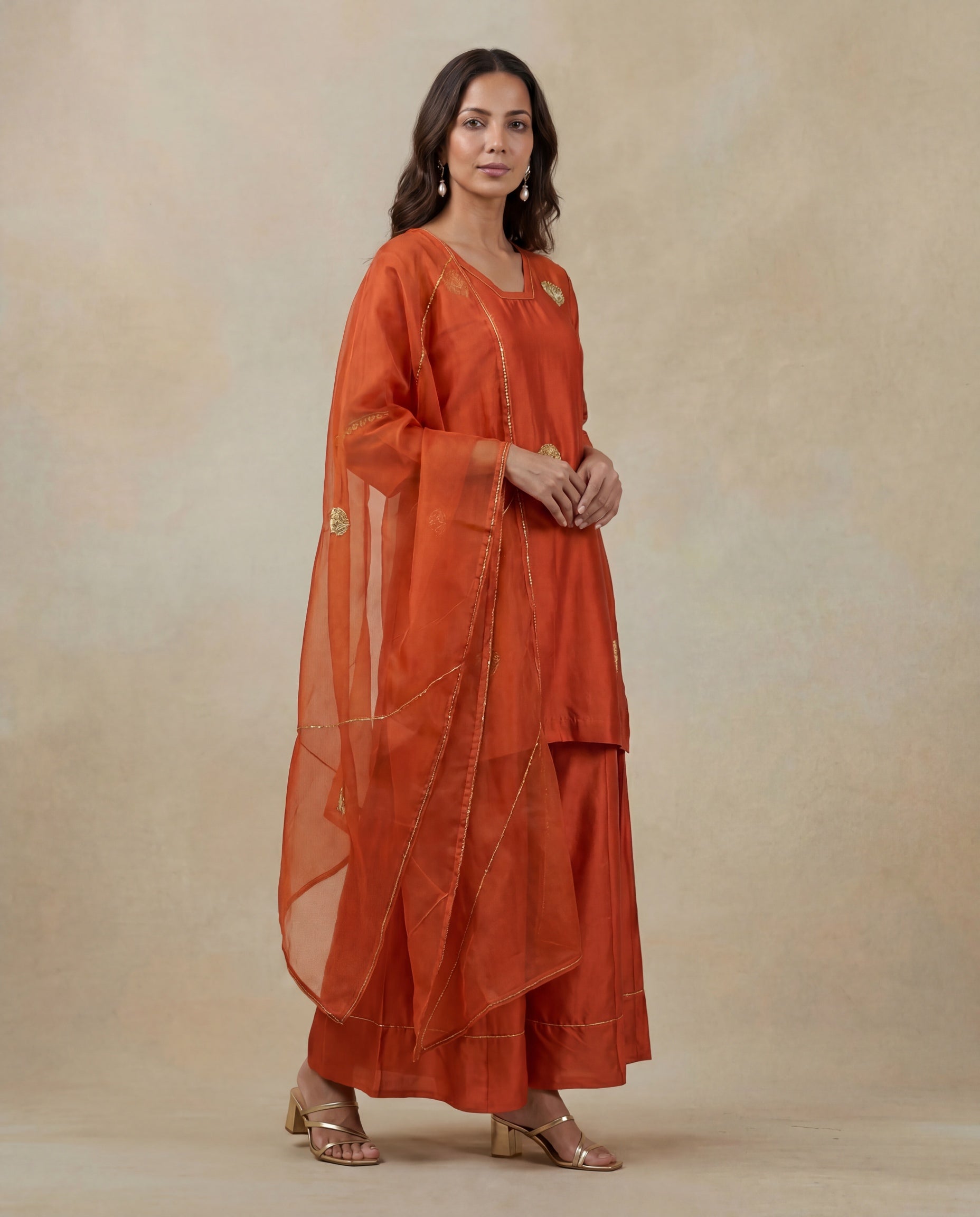 Orange Silk Indo-Western Kurta Set