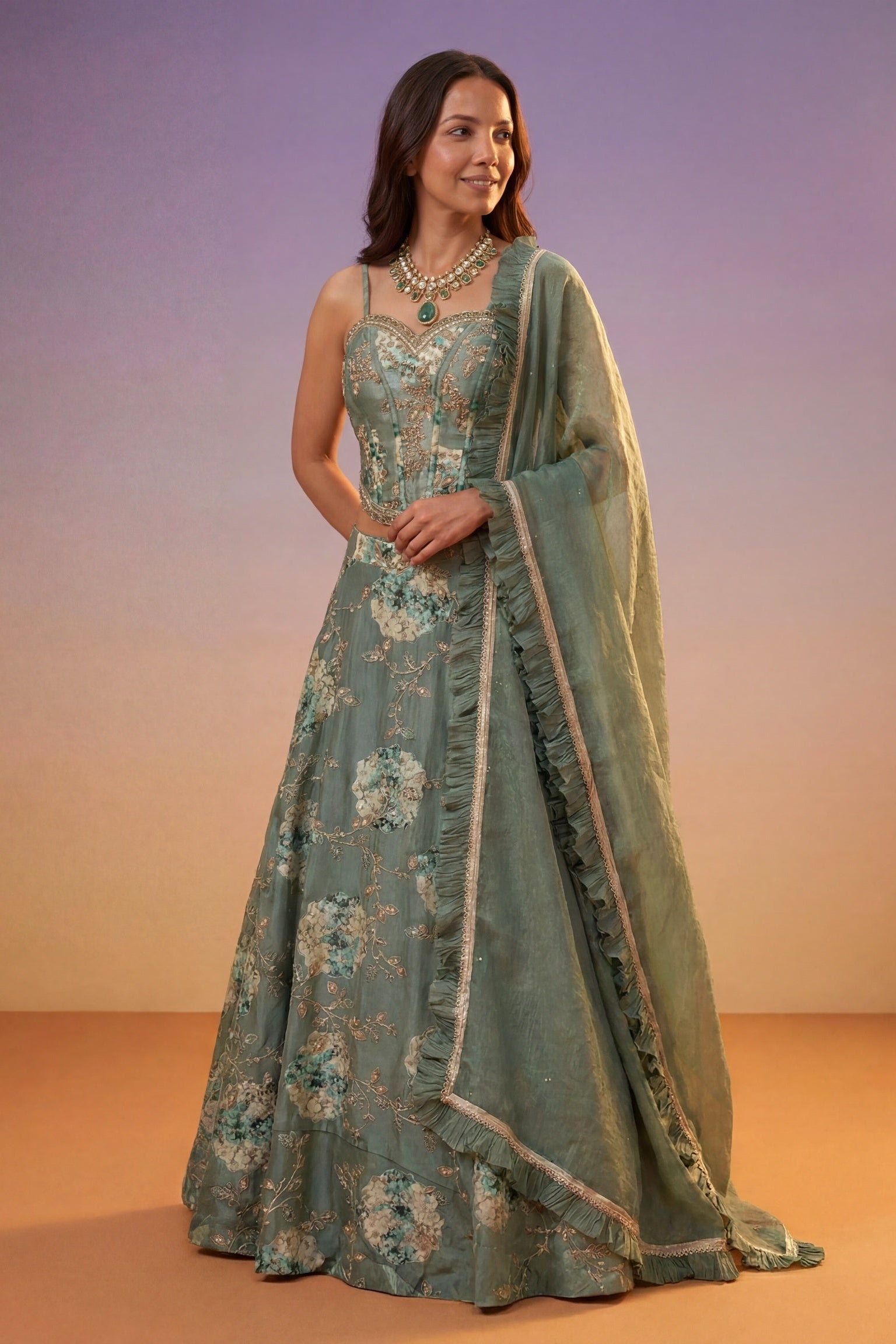Sage Green Tissue Silk Corset Lehenga set