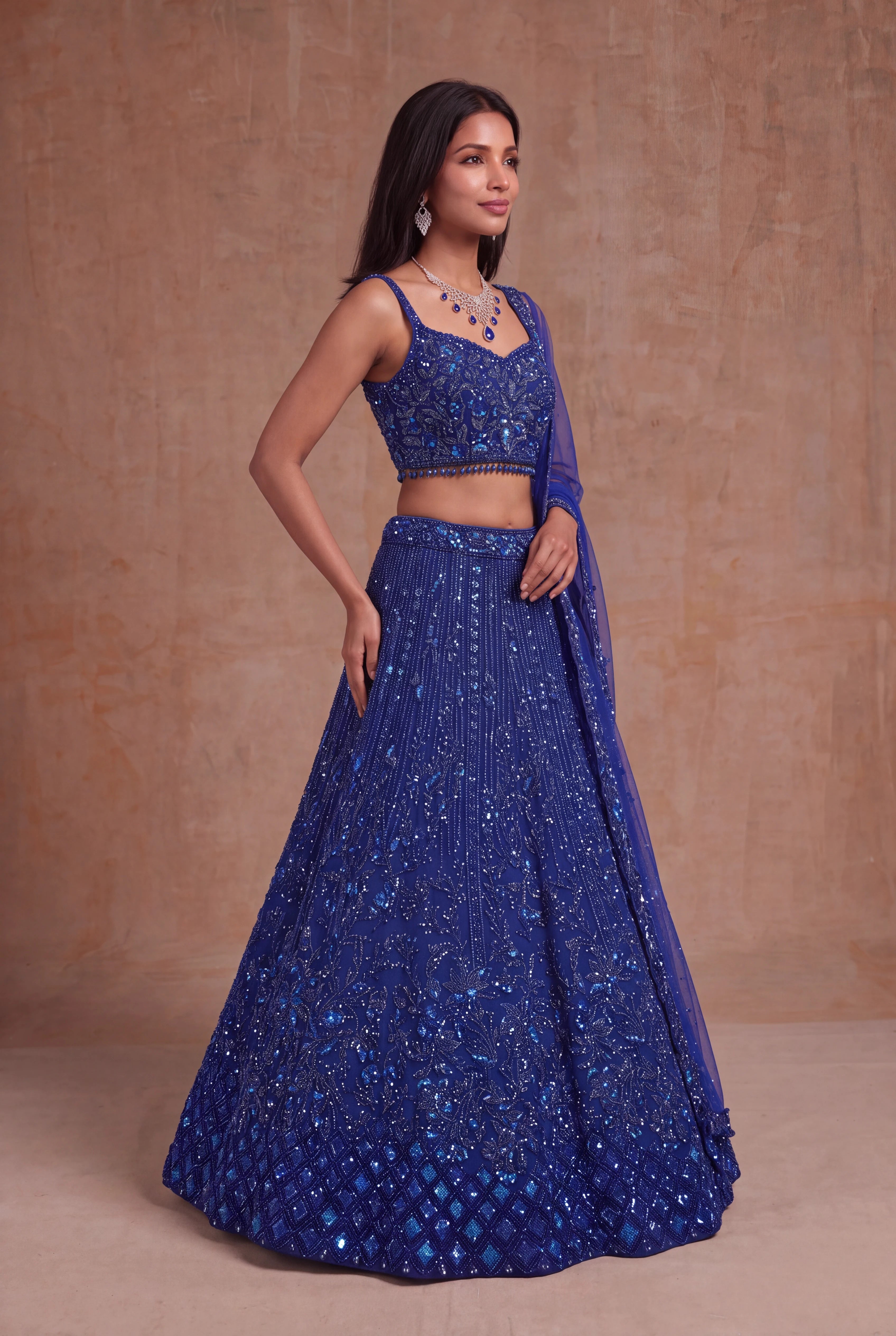 Royal Blue Net Lehenga with Sequin, Kutdana & Stone Embroidery